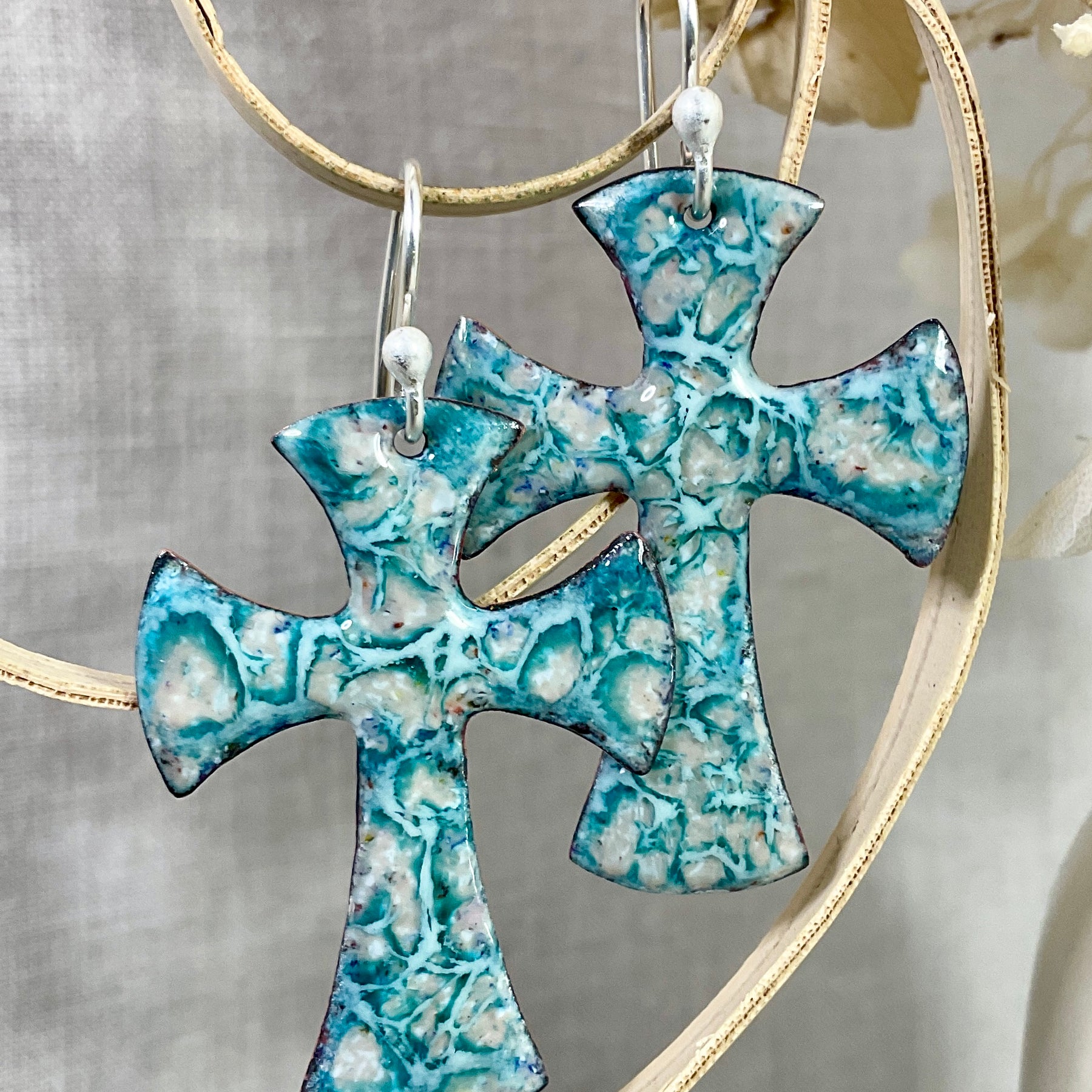 Green enamel Cross earrings. Handmade