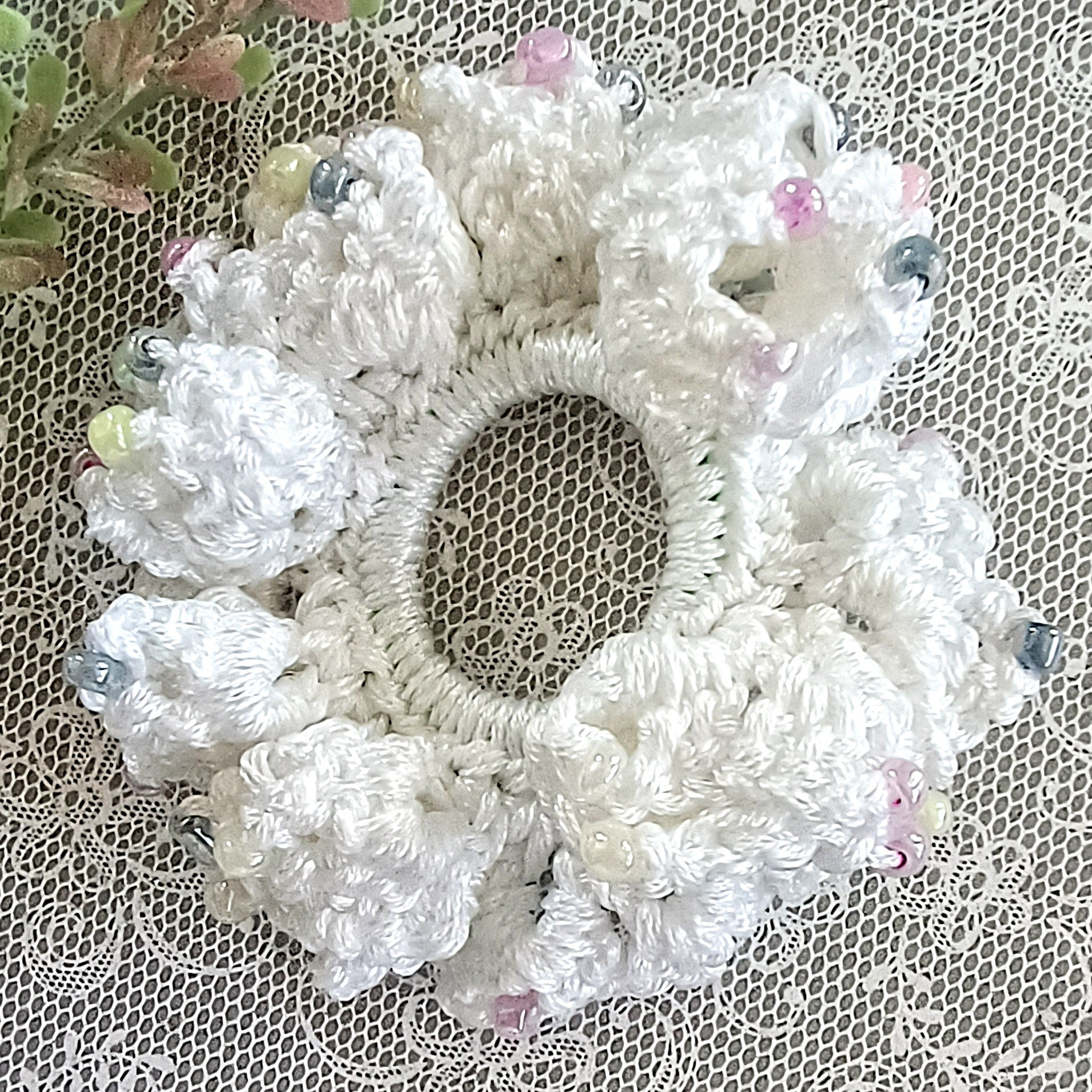 Assorted Beaded Faux Silk Hair Scrunchies