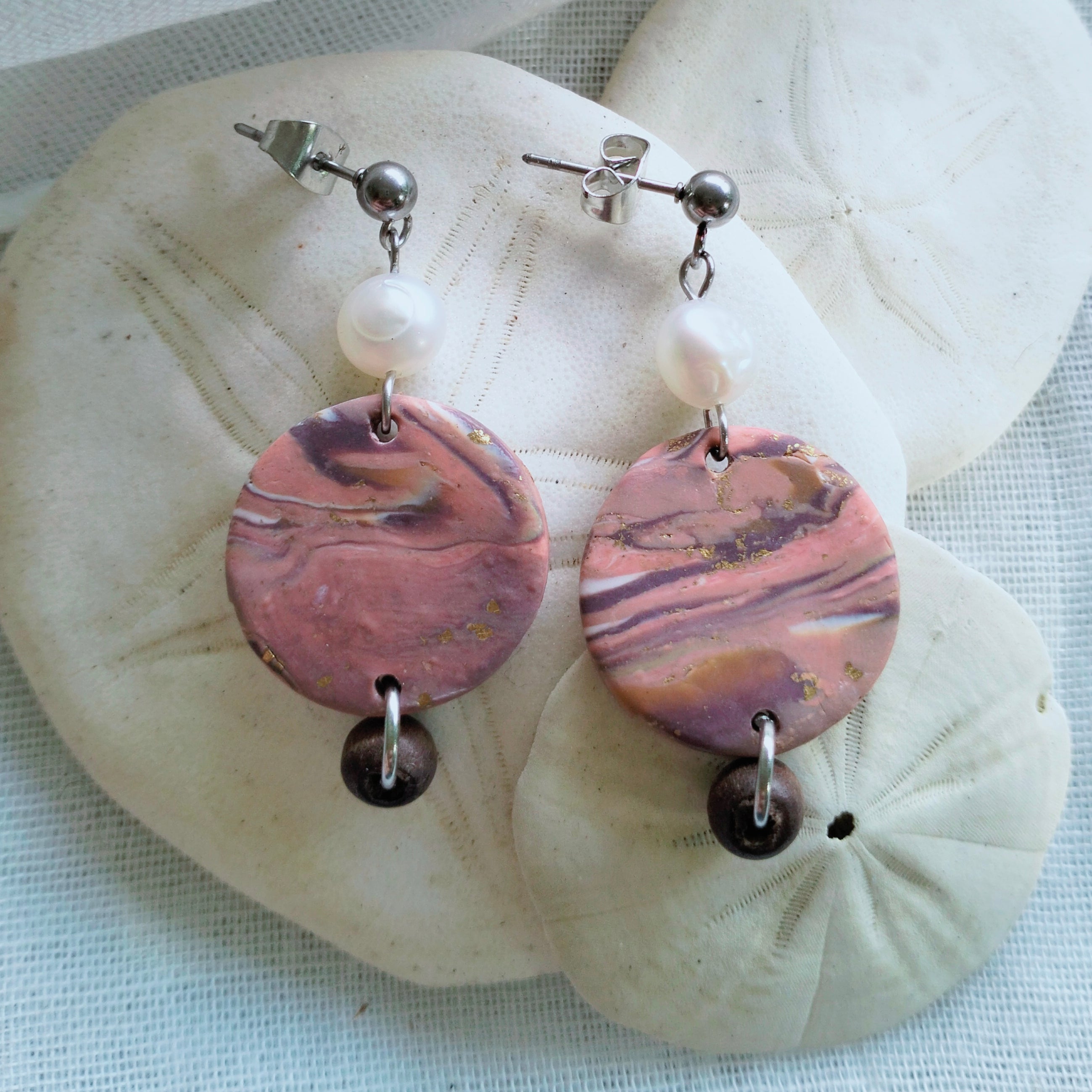 Polymer clay Earrings - "Pink Earth and Pearls" - boho dangle earrings