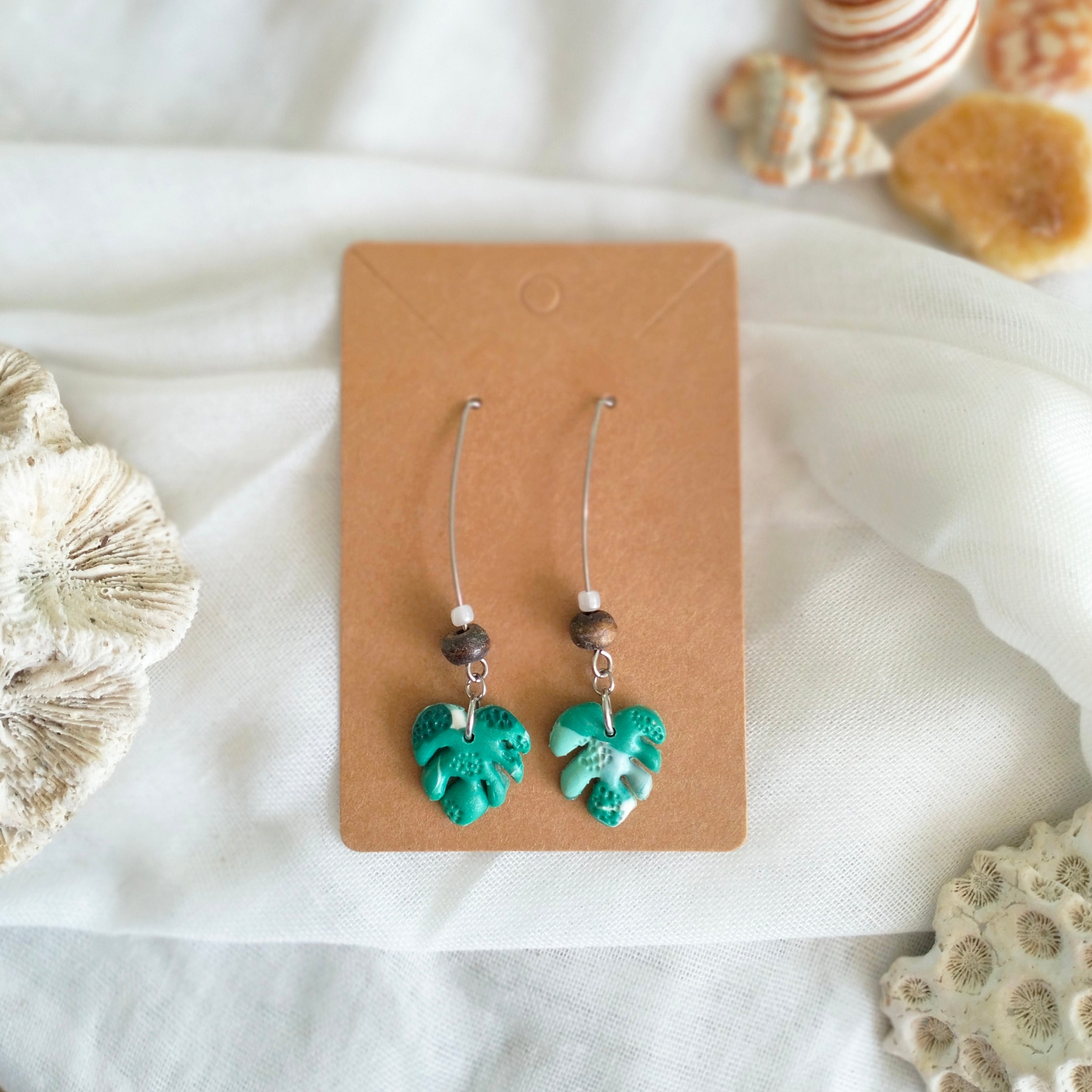 Earrings - "Monstera Sway" - Polymer Clay Monstera Leaf Dangle Earrings