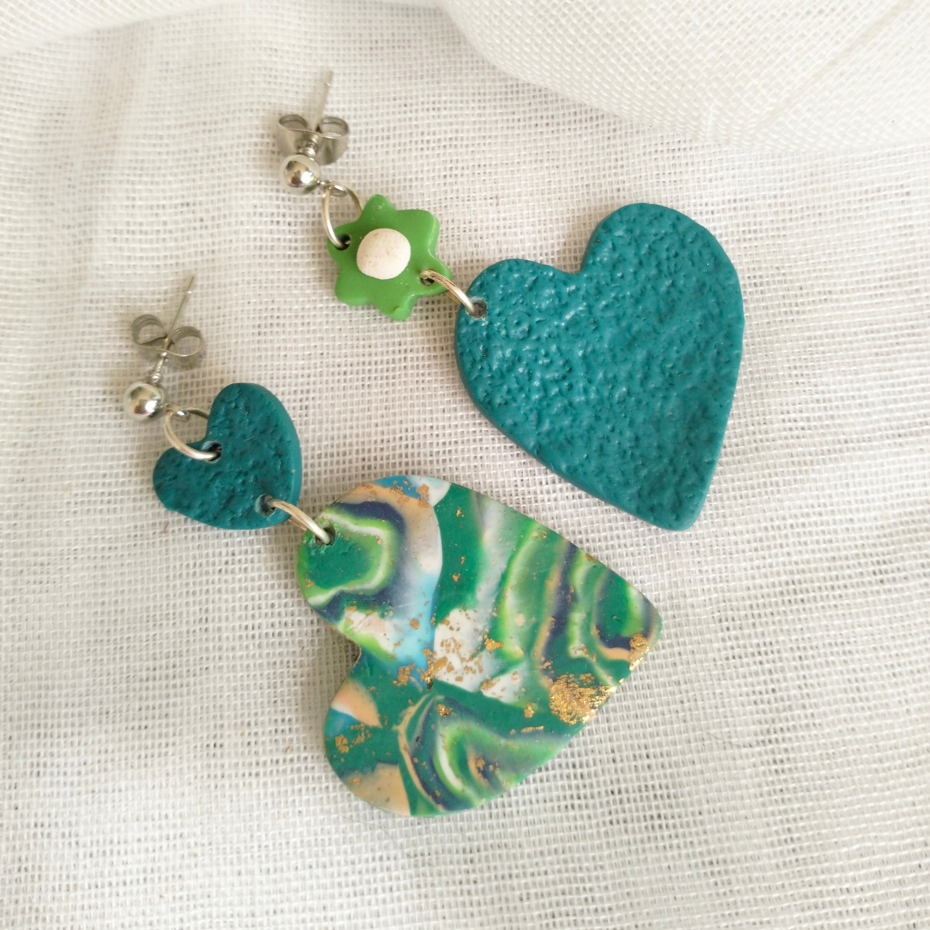 Earrings - Asymeterical Heart - Boho Artisanal Polymer Clay Dangles