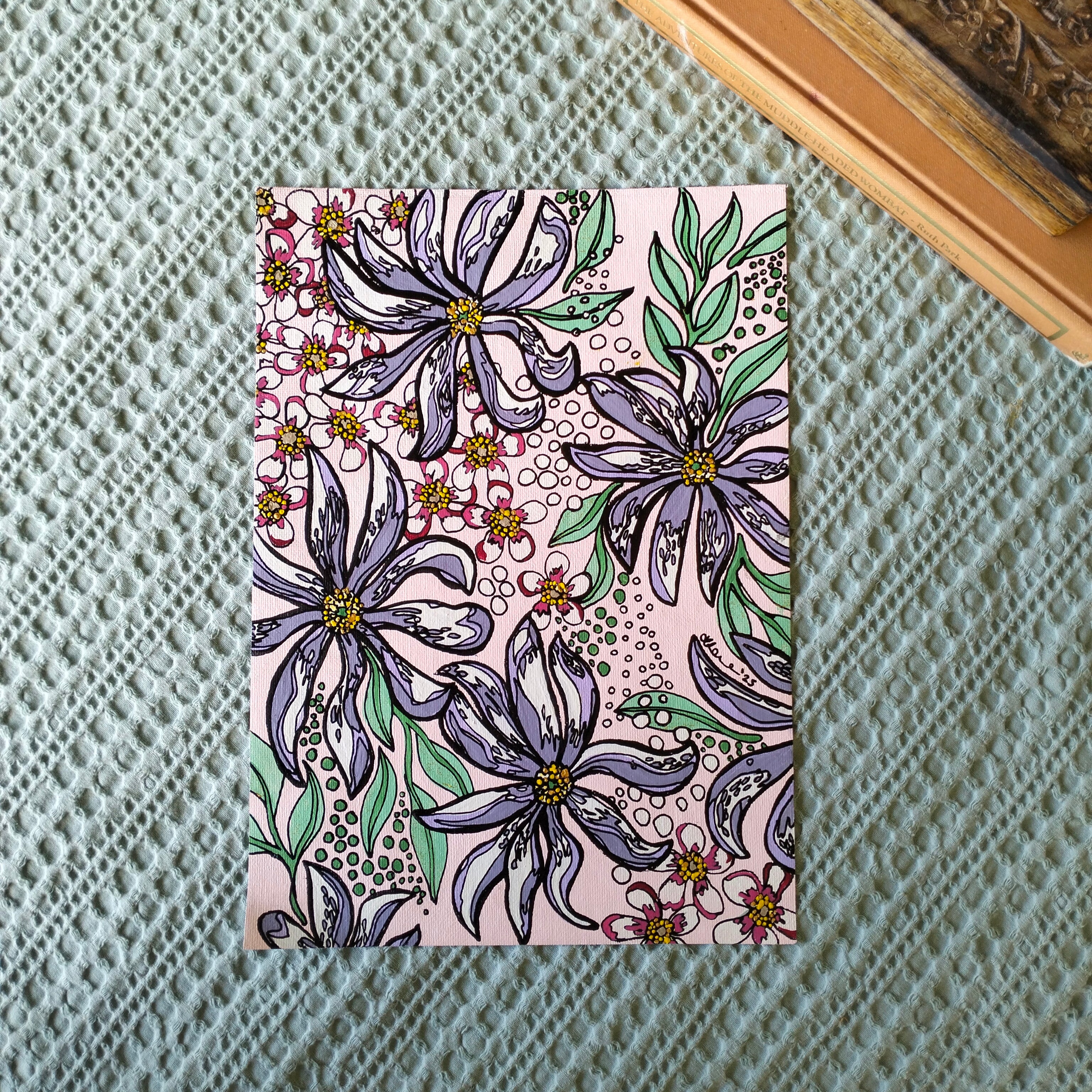 A4 ORIGINAL ARTWORK - "Magnolia Stellata and Pink Manuka" acrylic and latex abstract art