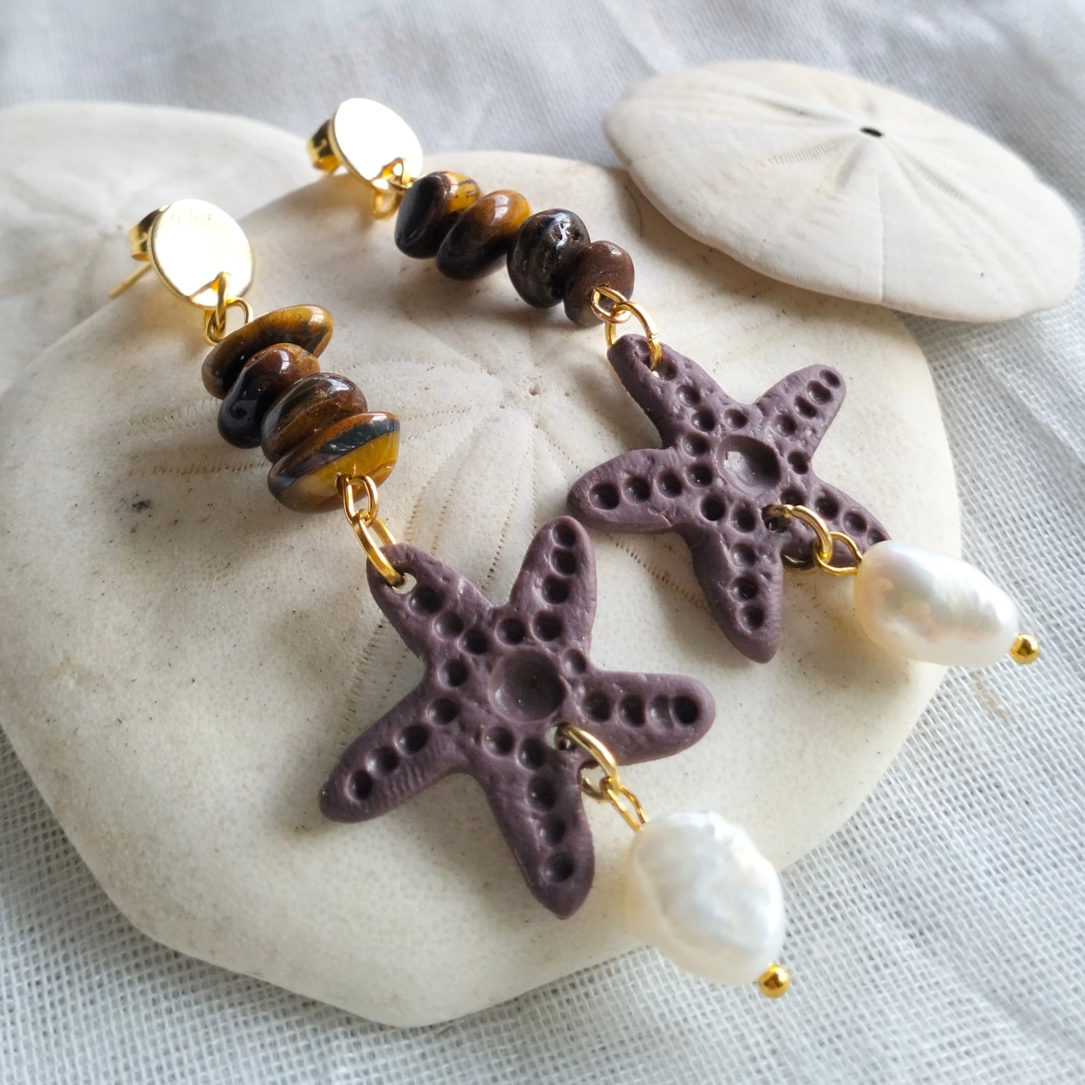 Earrings - Starfish, Fresh Water Pearls and Tiger Eye- Artful Dangles