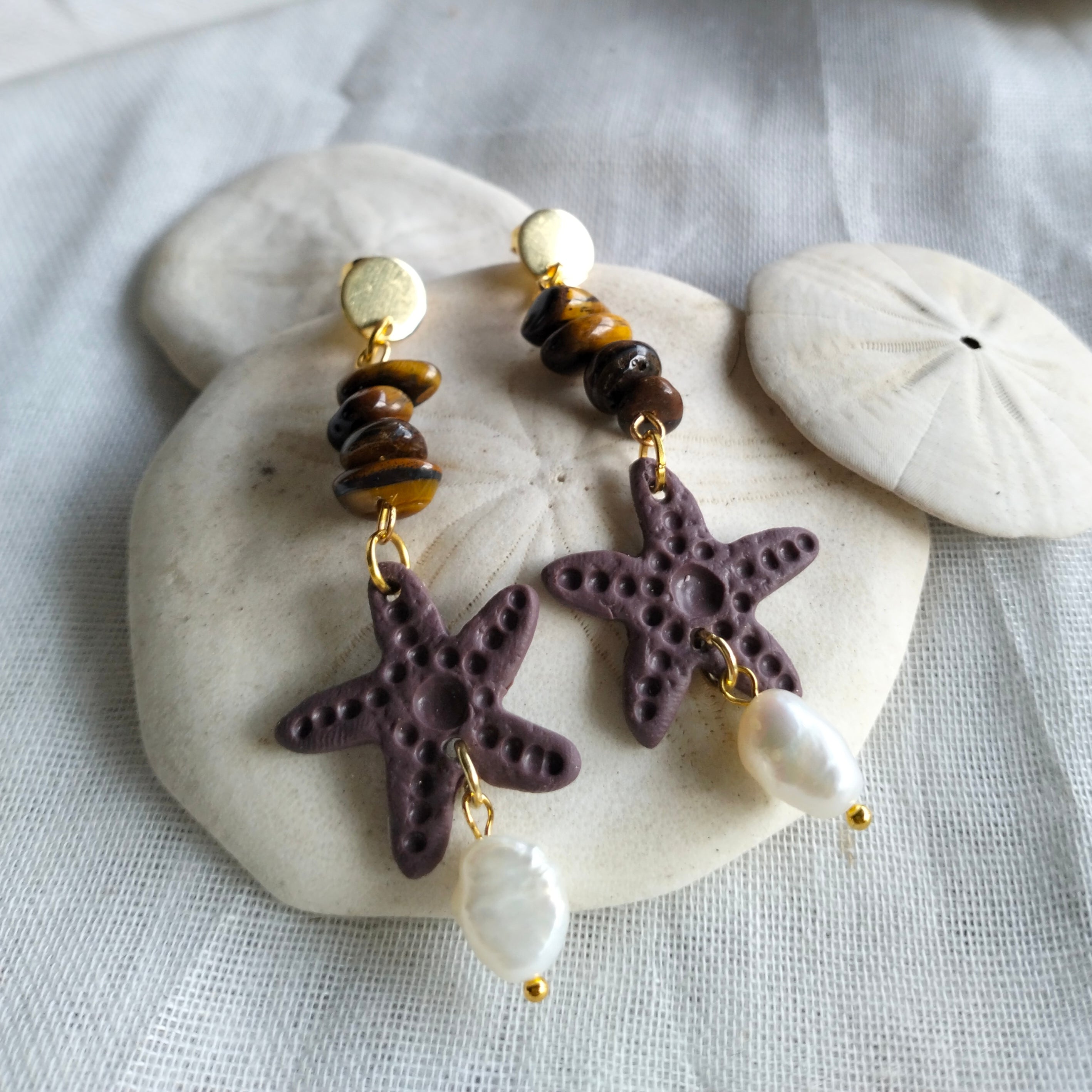 Earrings - Starfish, Fresh Water Pearls and Tiger Eye- Artful Dangles