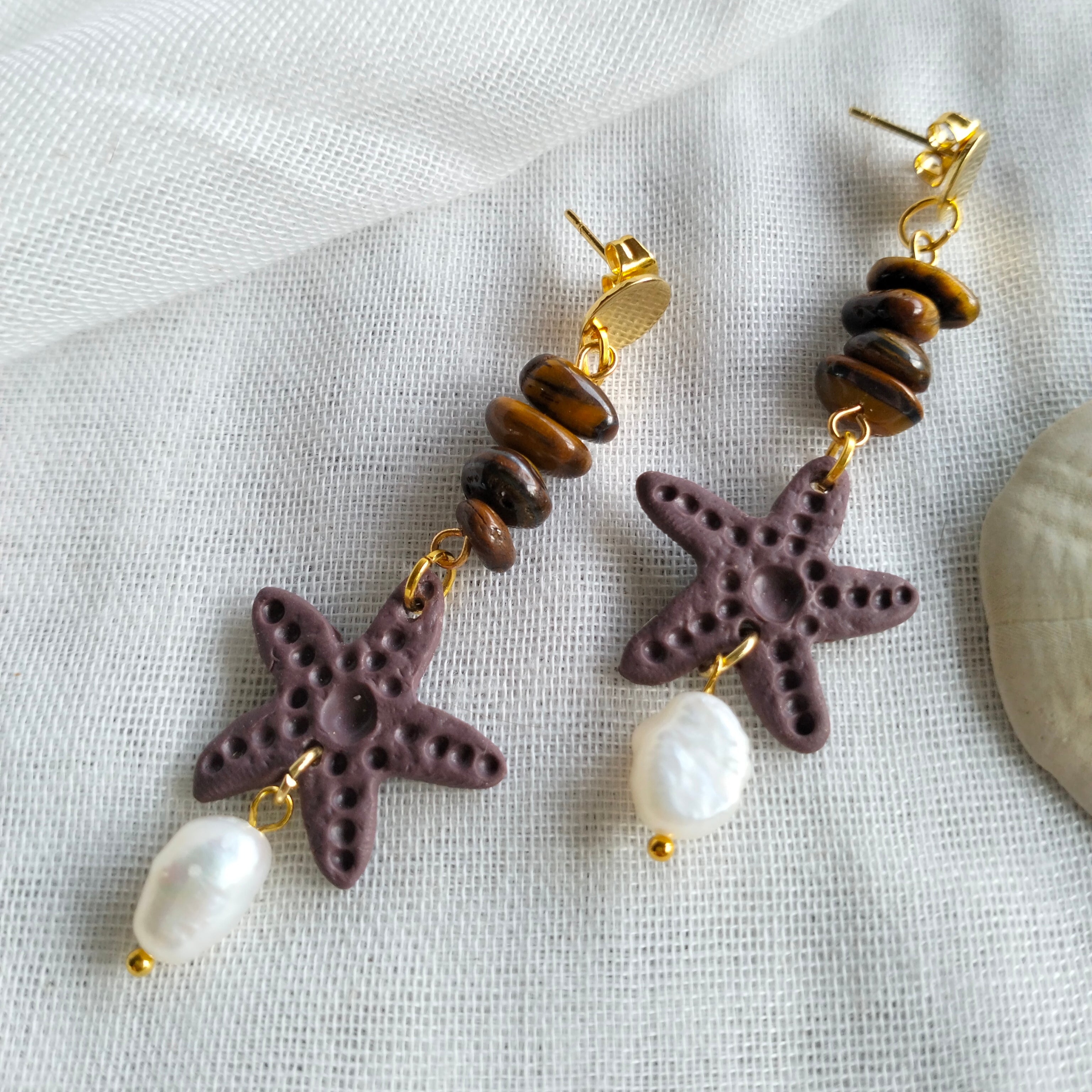 Earrings - Starfish, Fresh Water Pearls and Tiger Eye- Artful Dangles