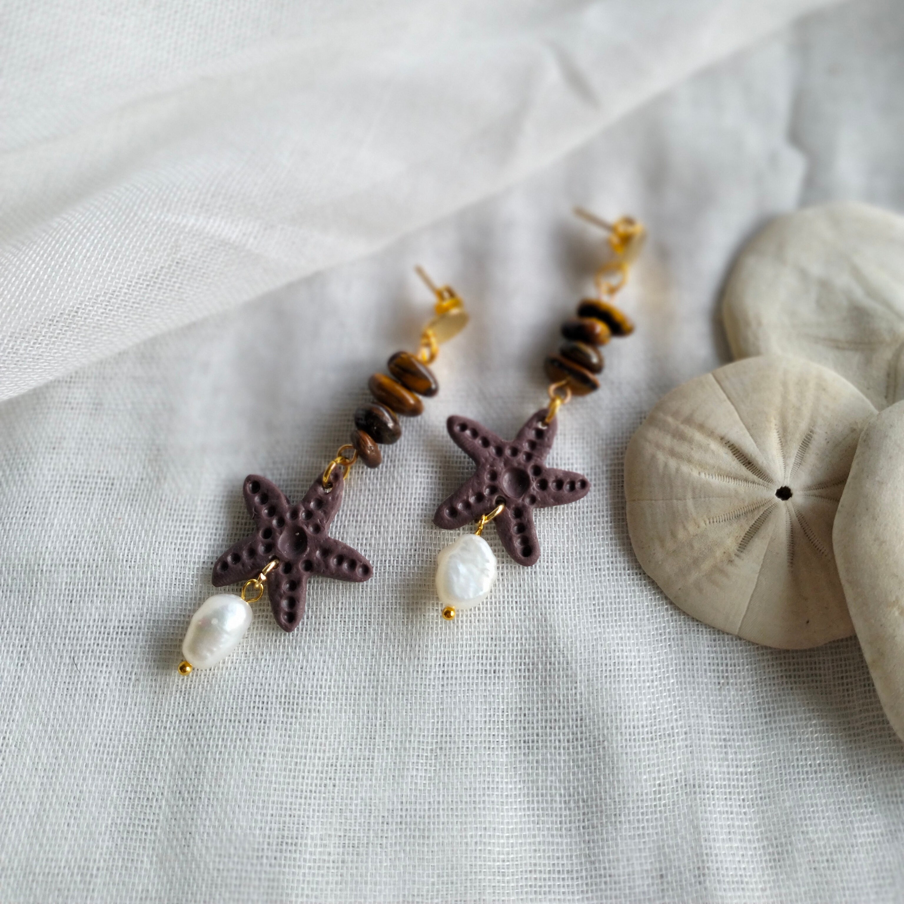 Earrings - Starfish, Fresh Water Pearls and Tiger Eye- Artful Dangles