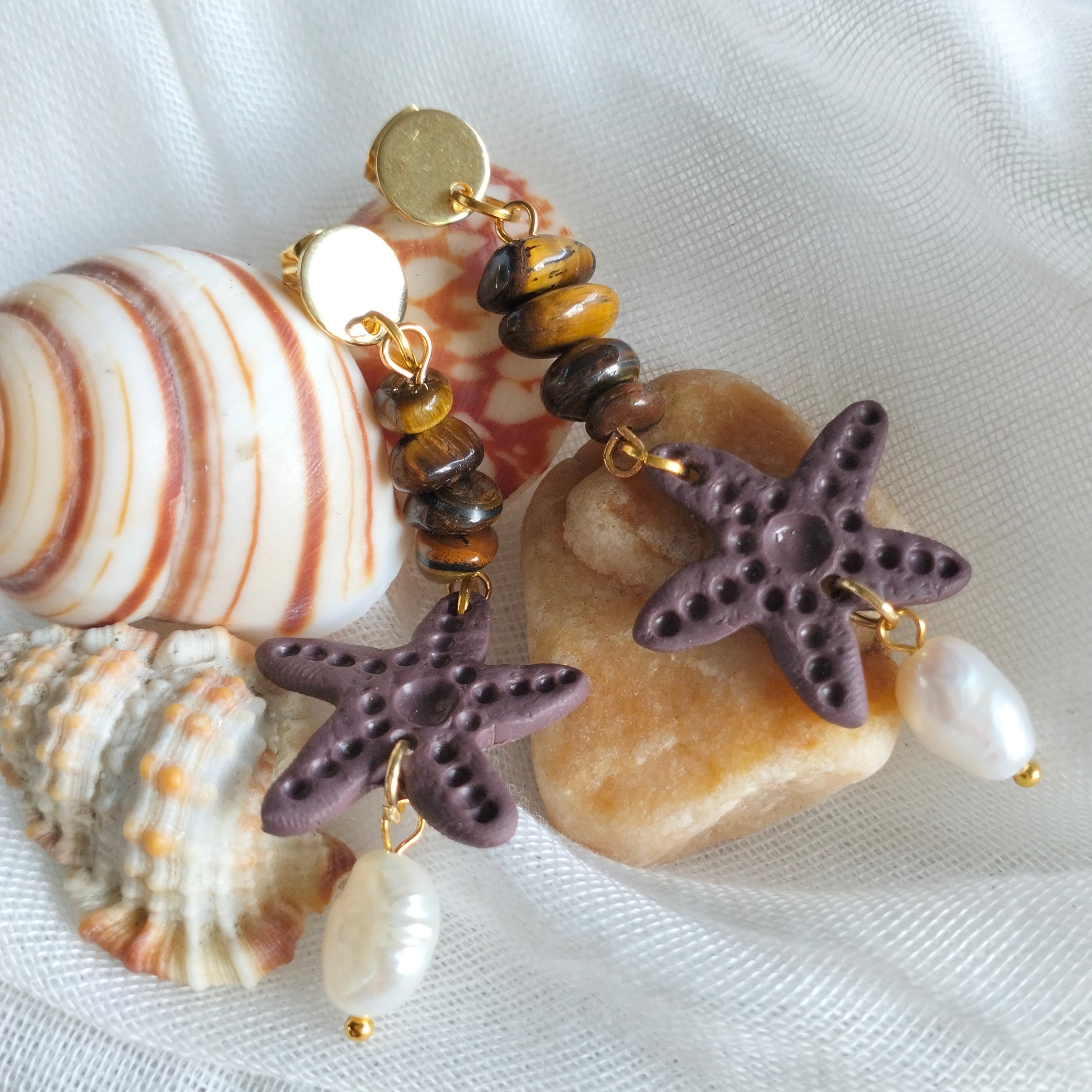 Earrings - Starfish, Fresh Water Pearls and Tiger Eye- Artful Dangles