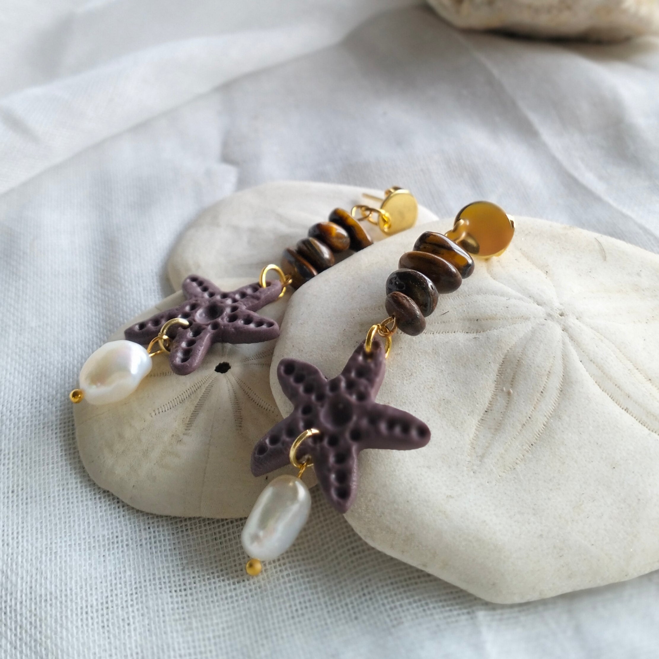 Earrings - Starfish, Fresh Water Pearls and Tiger Eye- Artful Dangles
