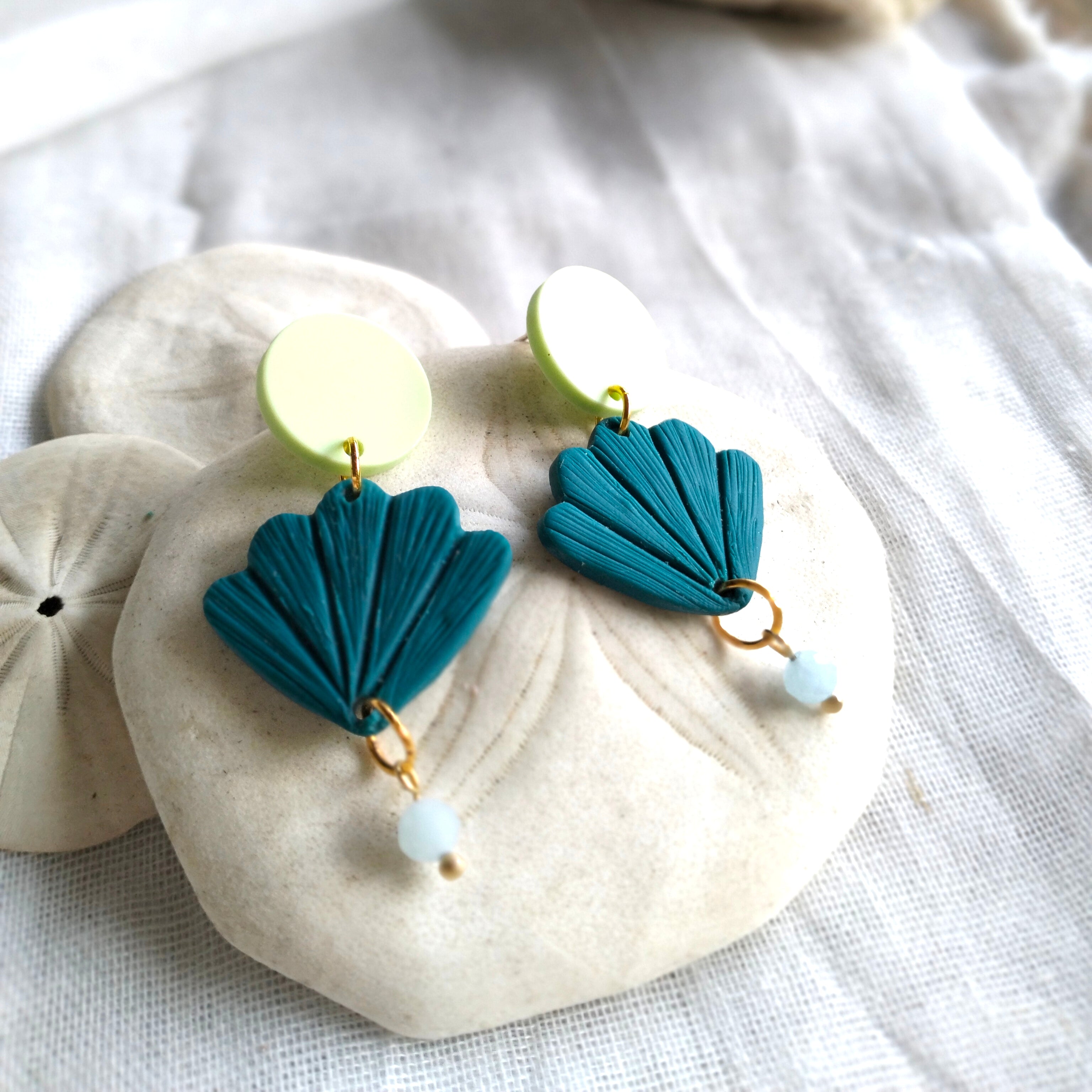 Earrings - Aqua Seashells with Morganite Beads - Artful Dangles