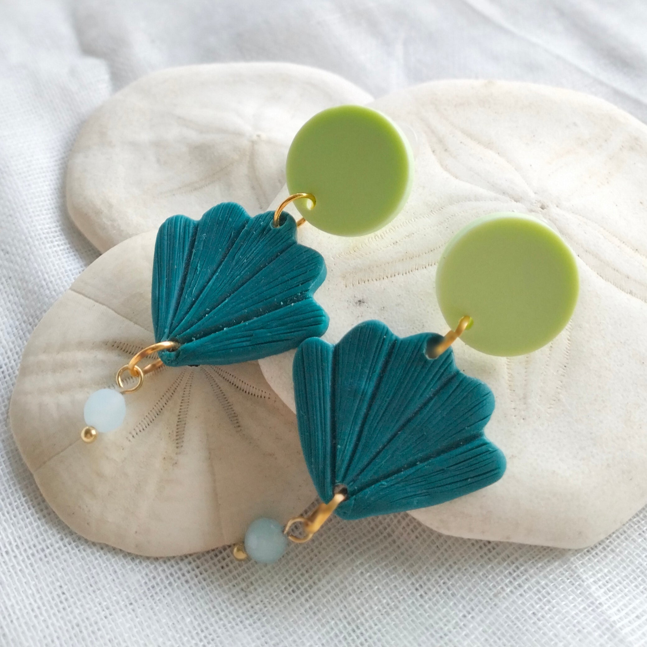 Earrings - Aqua Seashells with Morganite Beads - Artful Dangles