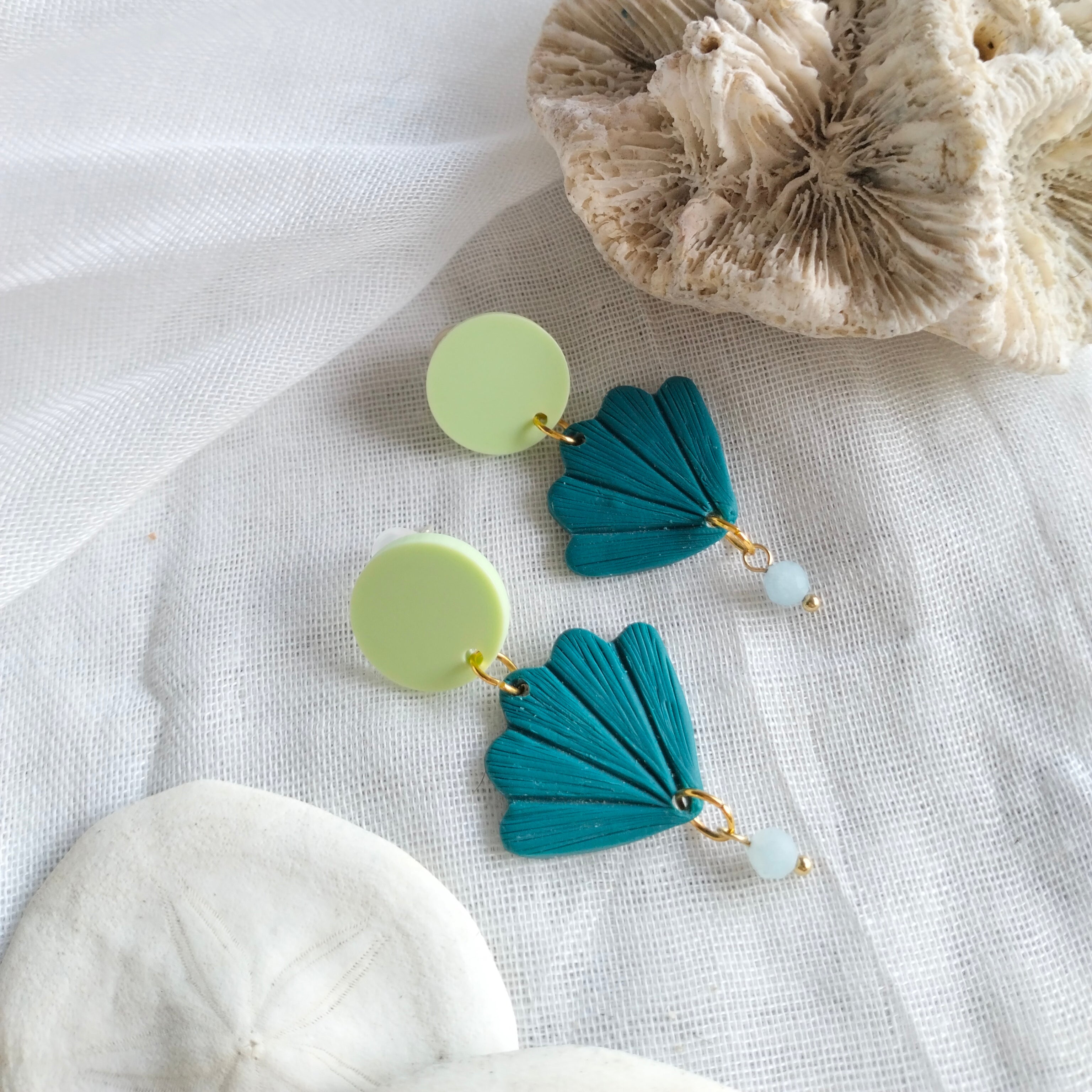 Earrings - Aqua Seashells with Morganite Beads - Artful Dangles