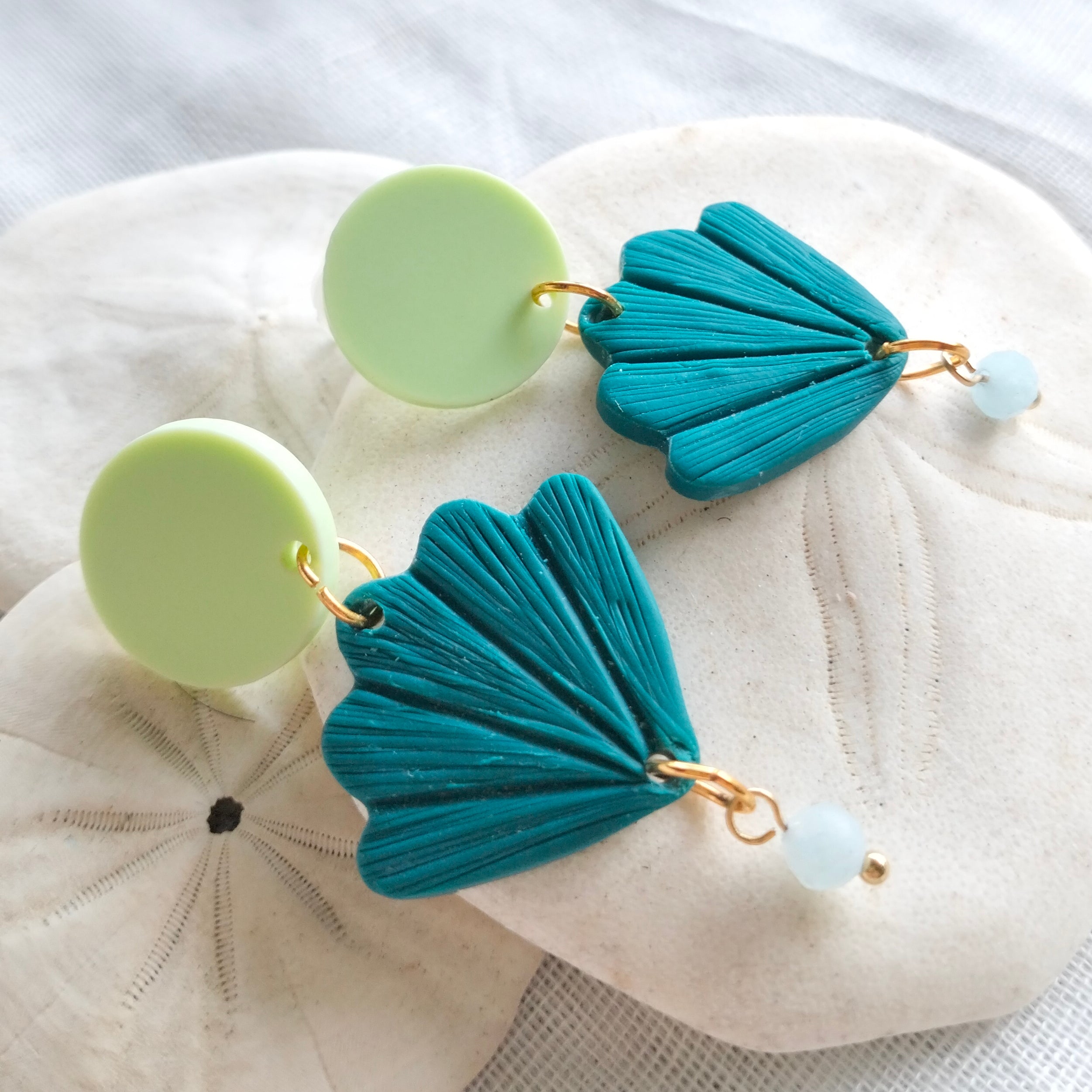 Earrings - Aqua Seashells with Morganite Beads - Artful Dangles