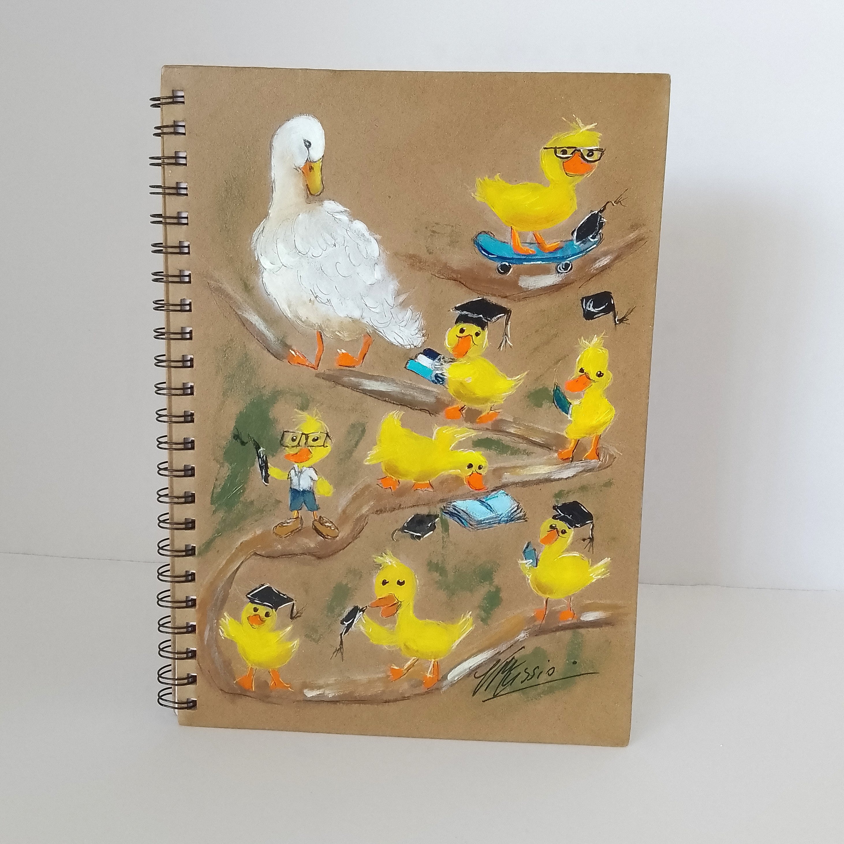 Teacher Gift - Handpainted Mother Duck Notebook - Size A4 lined pages