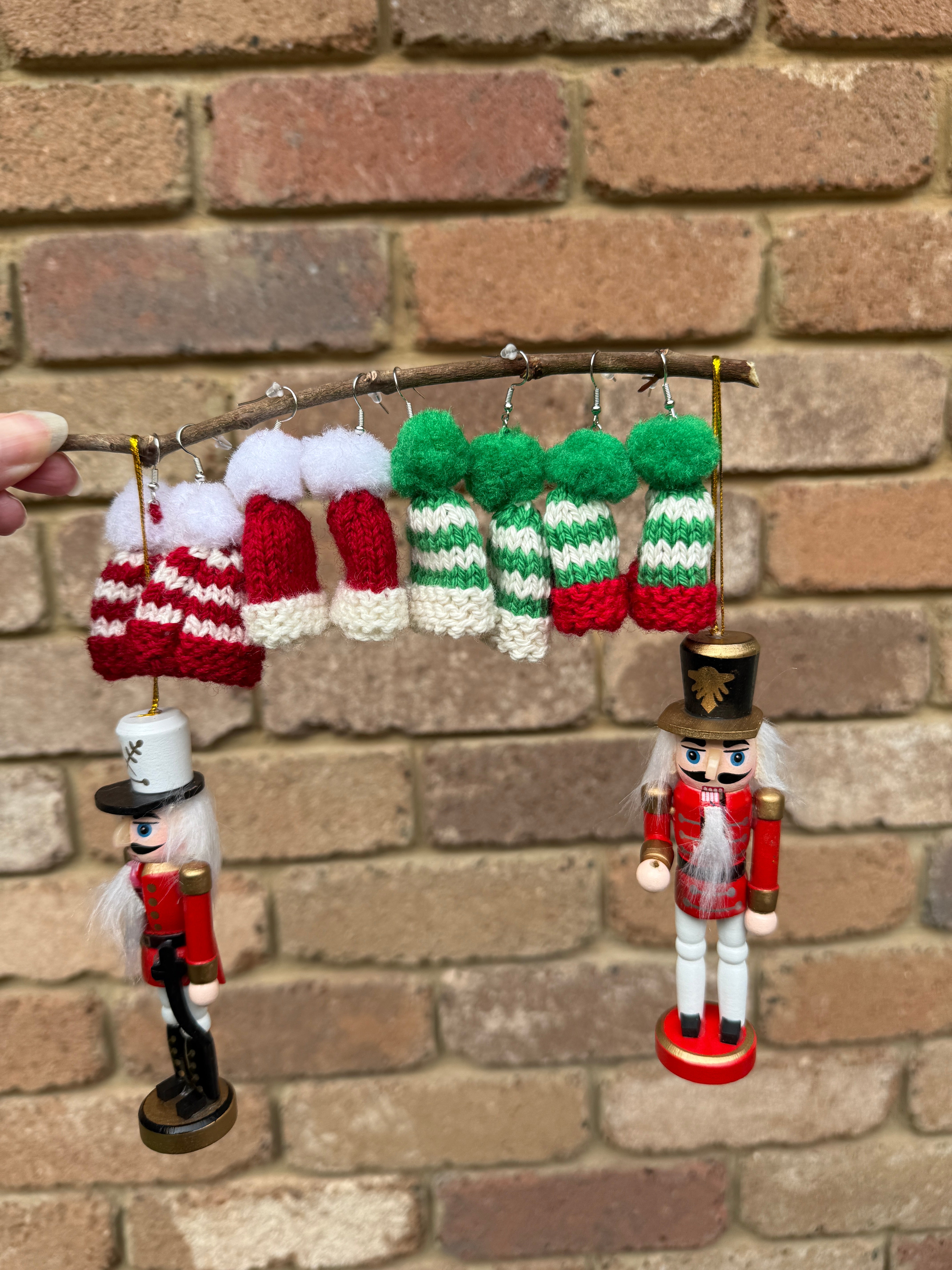 Christmas Beanie Earrings, Hand Knitted Mini Beanies