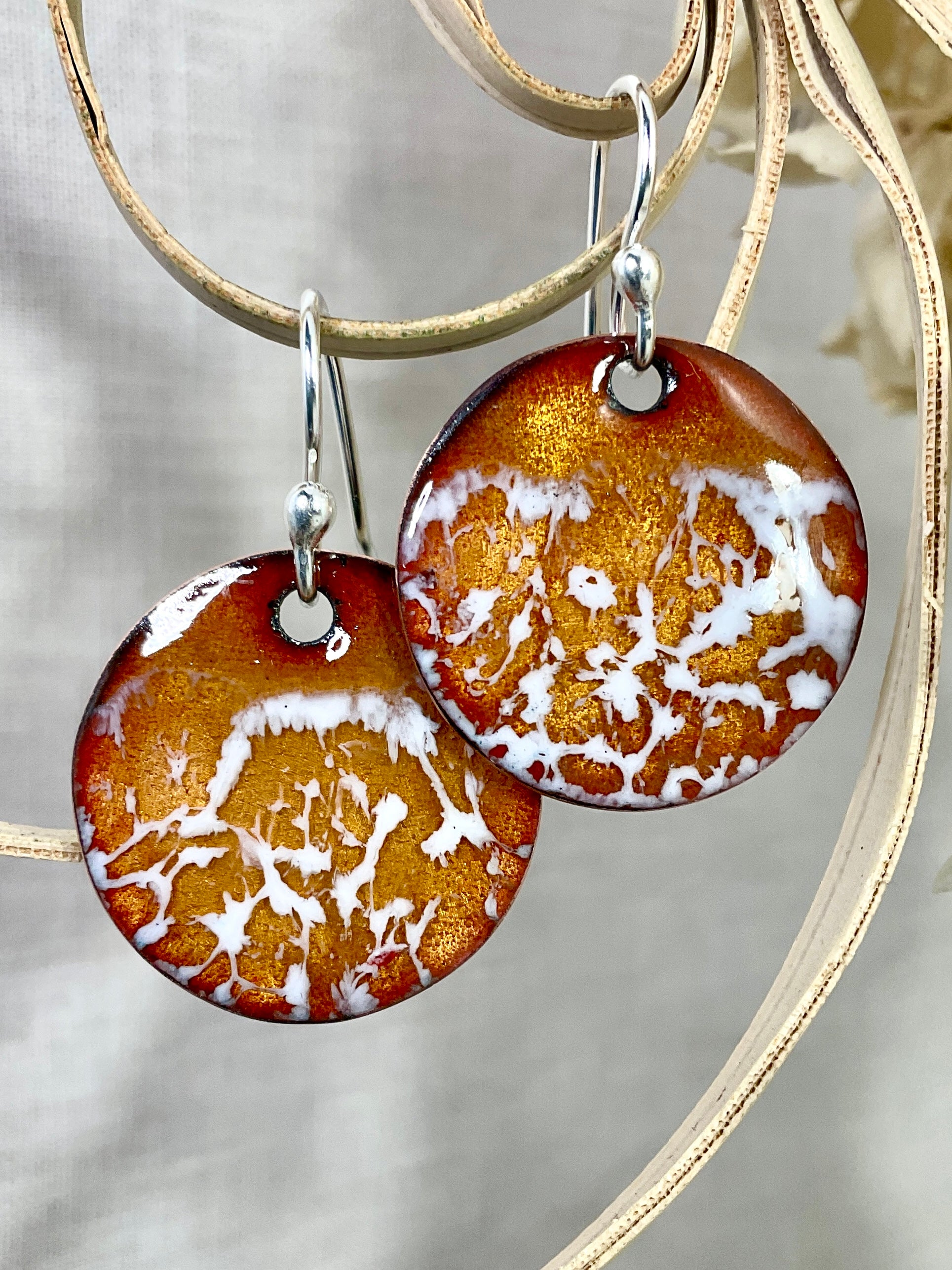 Gold with white. Enamel earrings.