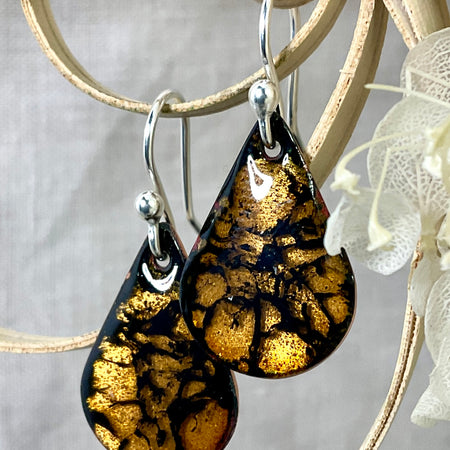 Gold teardrop enamel earrings