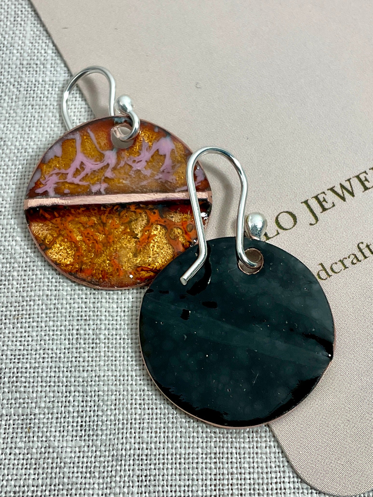 Gold, Pink and Orange enamel earrings. Handmade