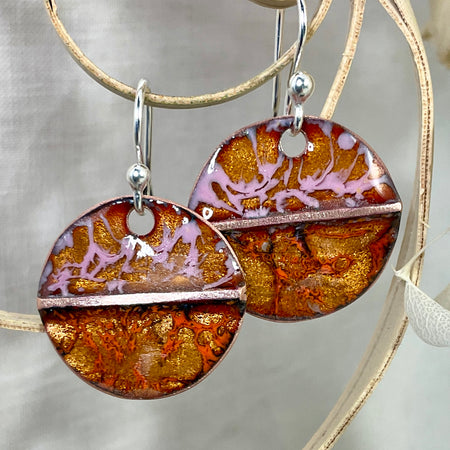 Gold, Pink and Orange enamel earrings. Handmade