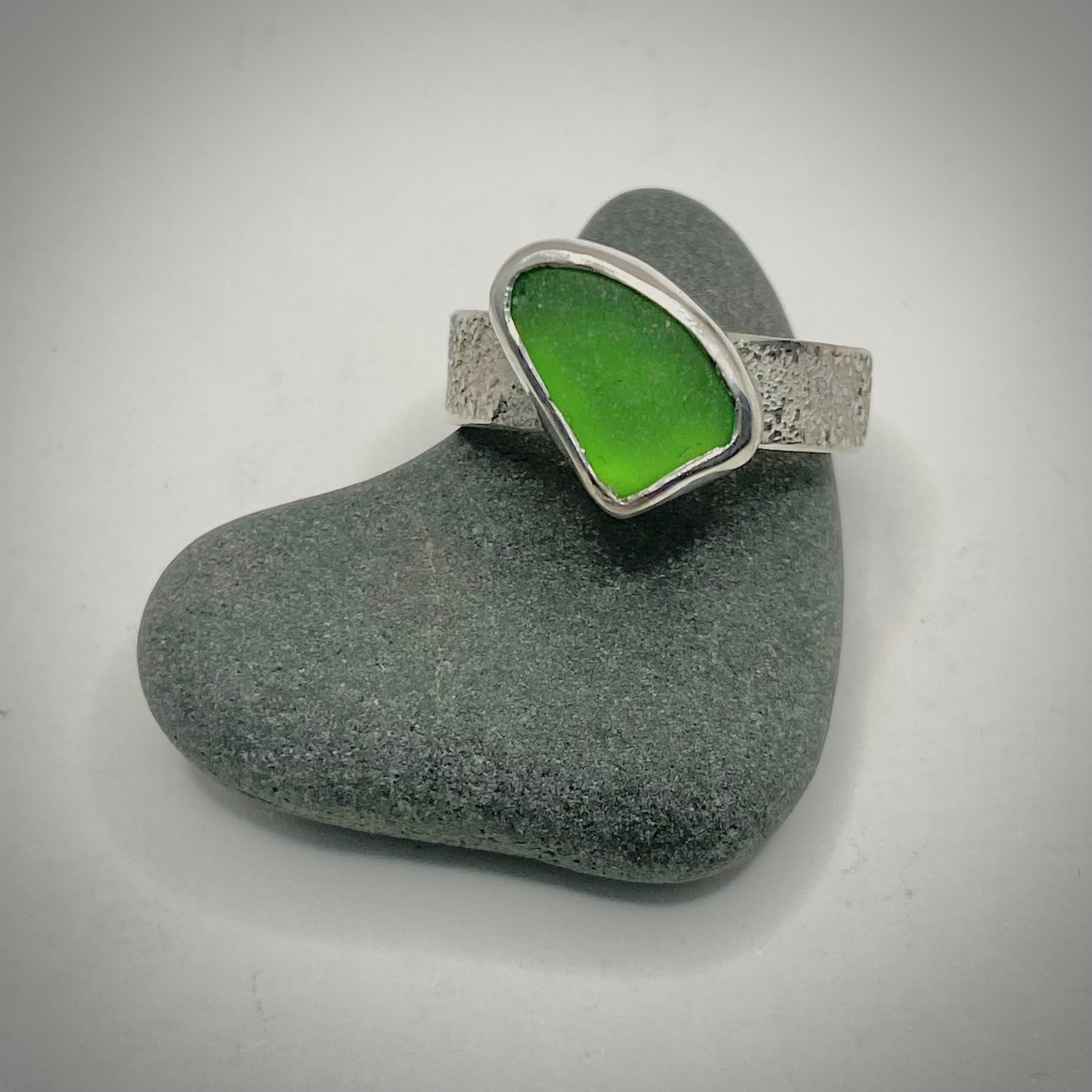 Green Sea Glass and Sterling Silver Ring