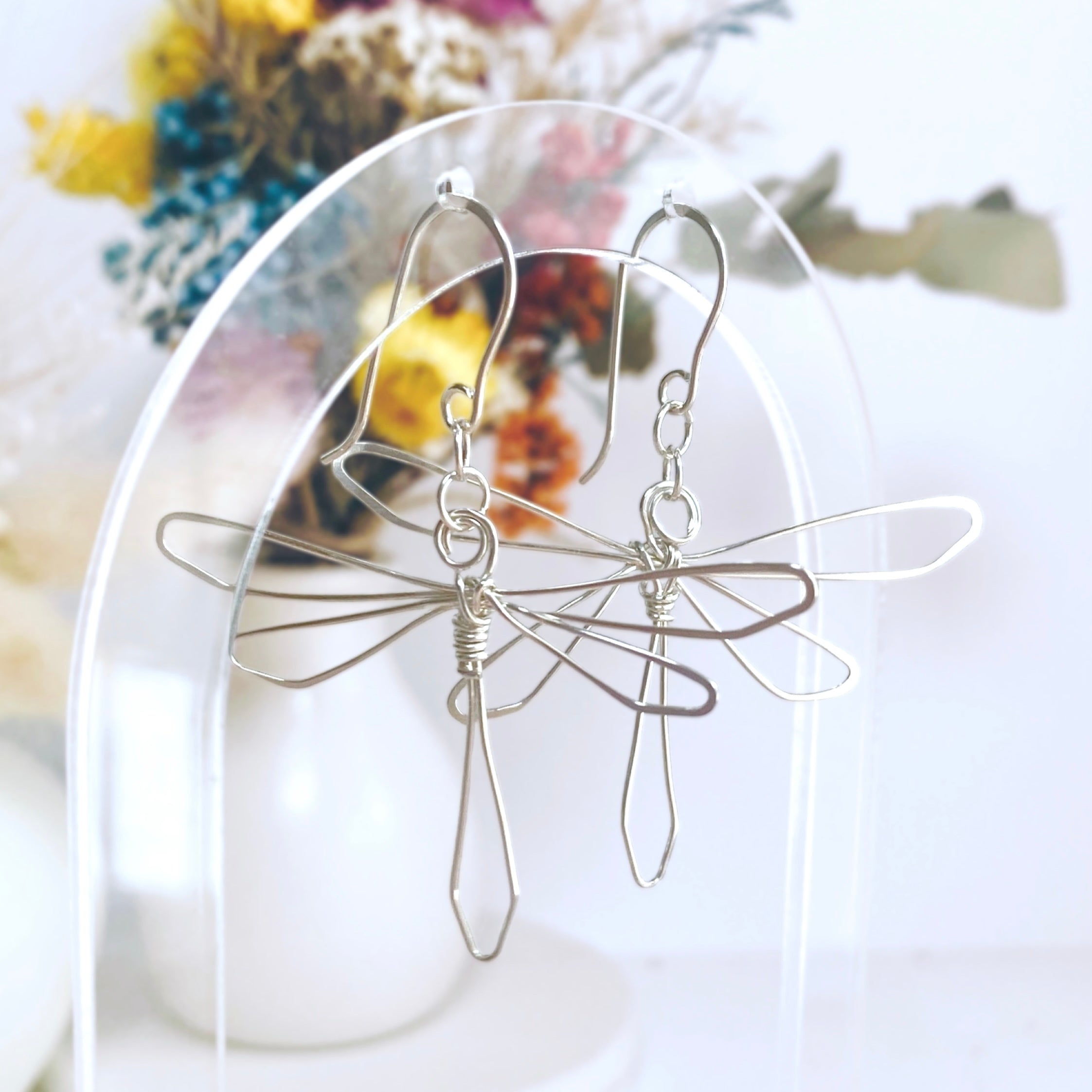 Dragonfly dangle earrings | Sterling silver wire | Whimsical jewellery