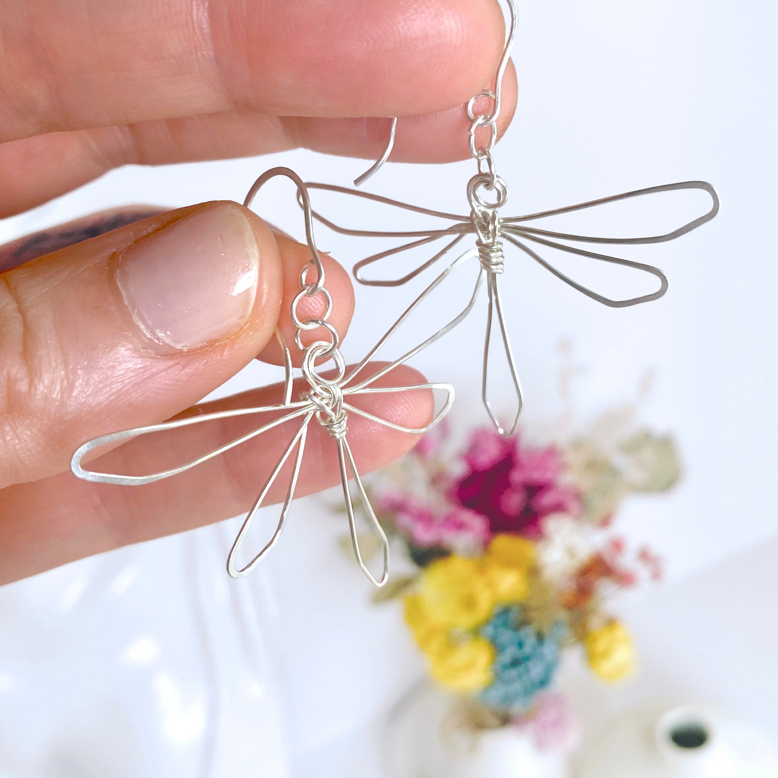 Dragonfly dangle earrings | Sterling silver wire | Whimsical jewellery
