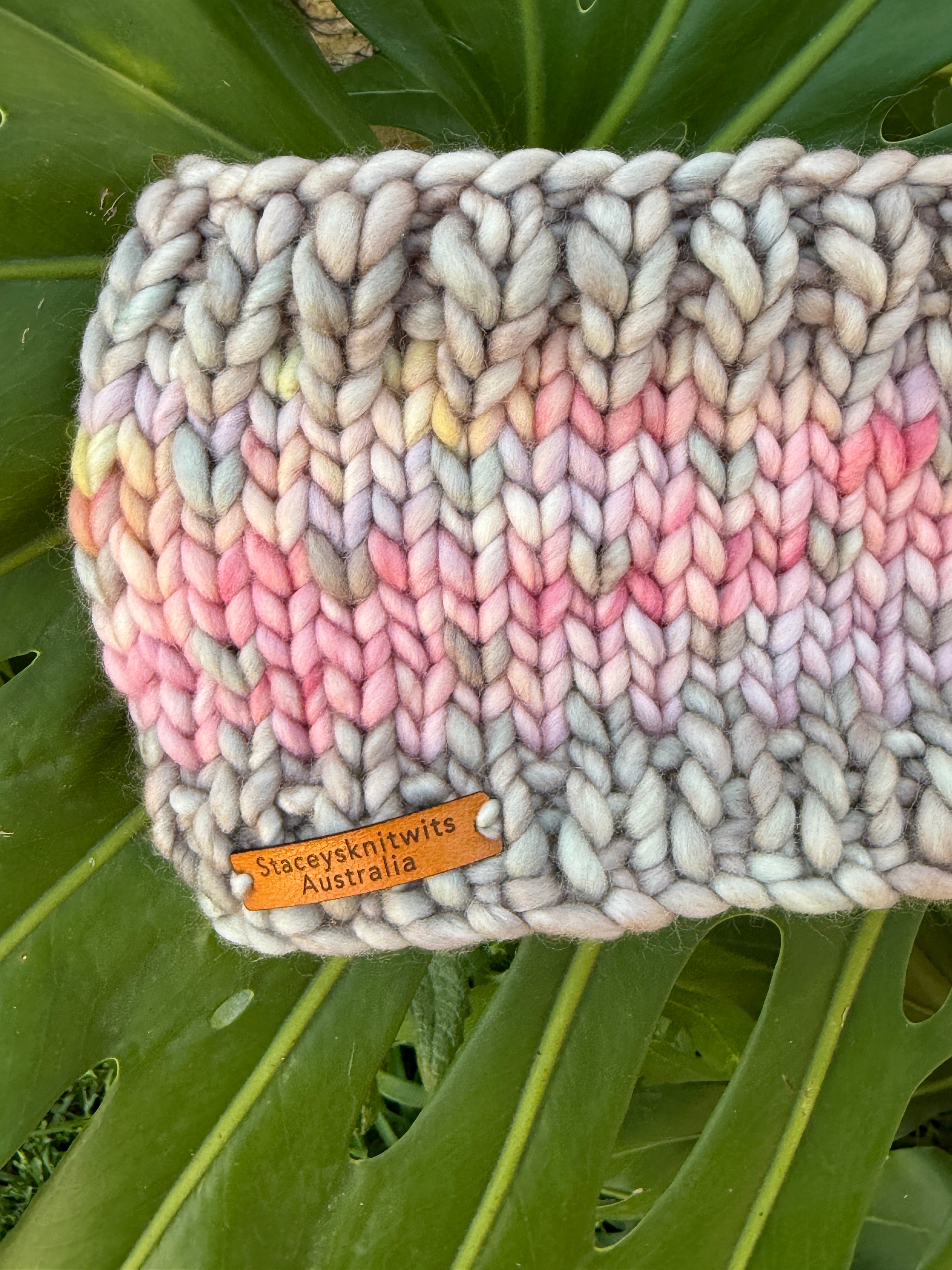 Ladies Headband, Beige and Pink Knitted Earwarmers, Merino Chunky Headband