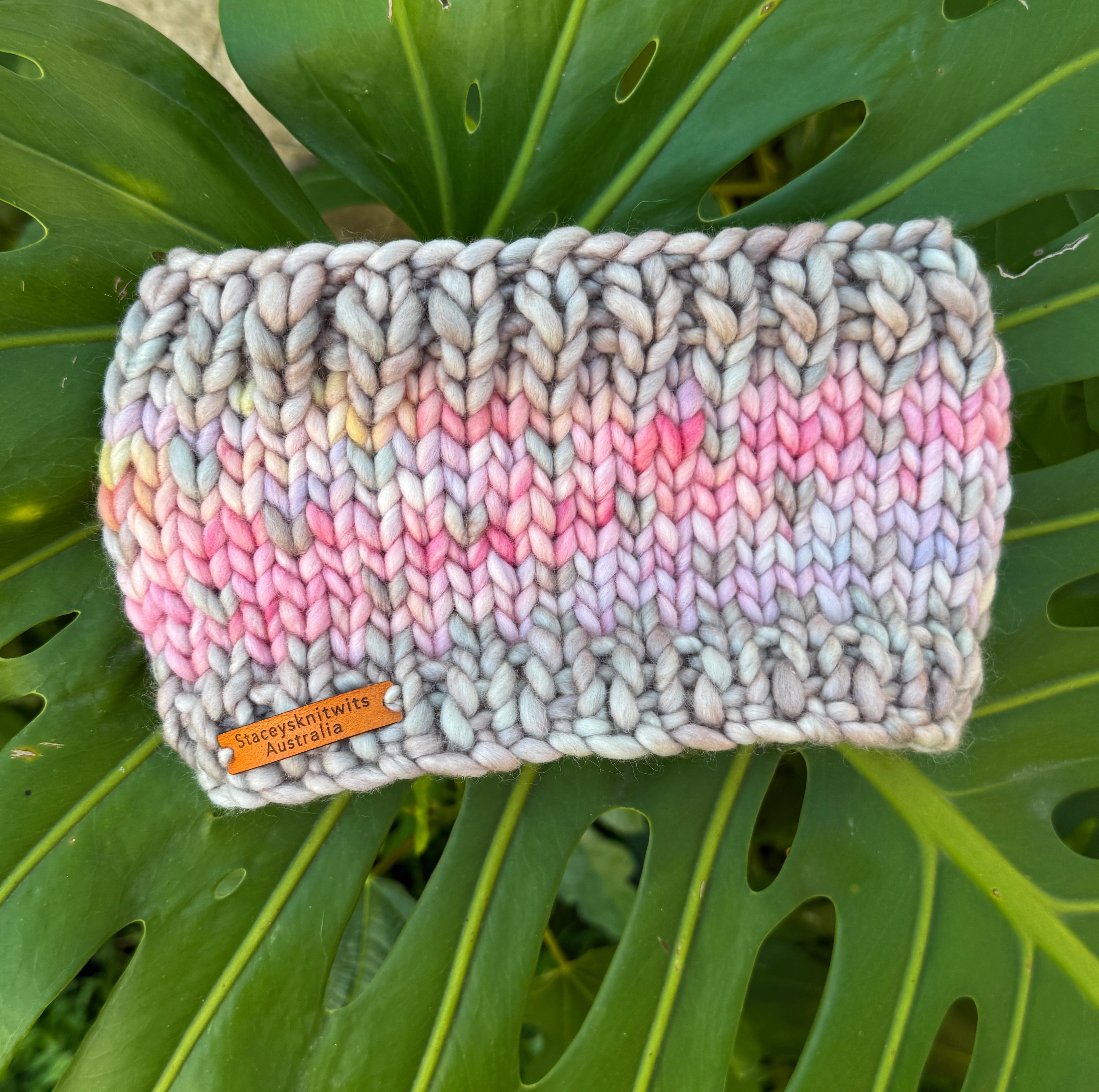 Ladies Headband, Beige and Pink Knitted Earwarmers, Merino Chunky Headband