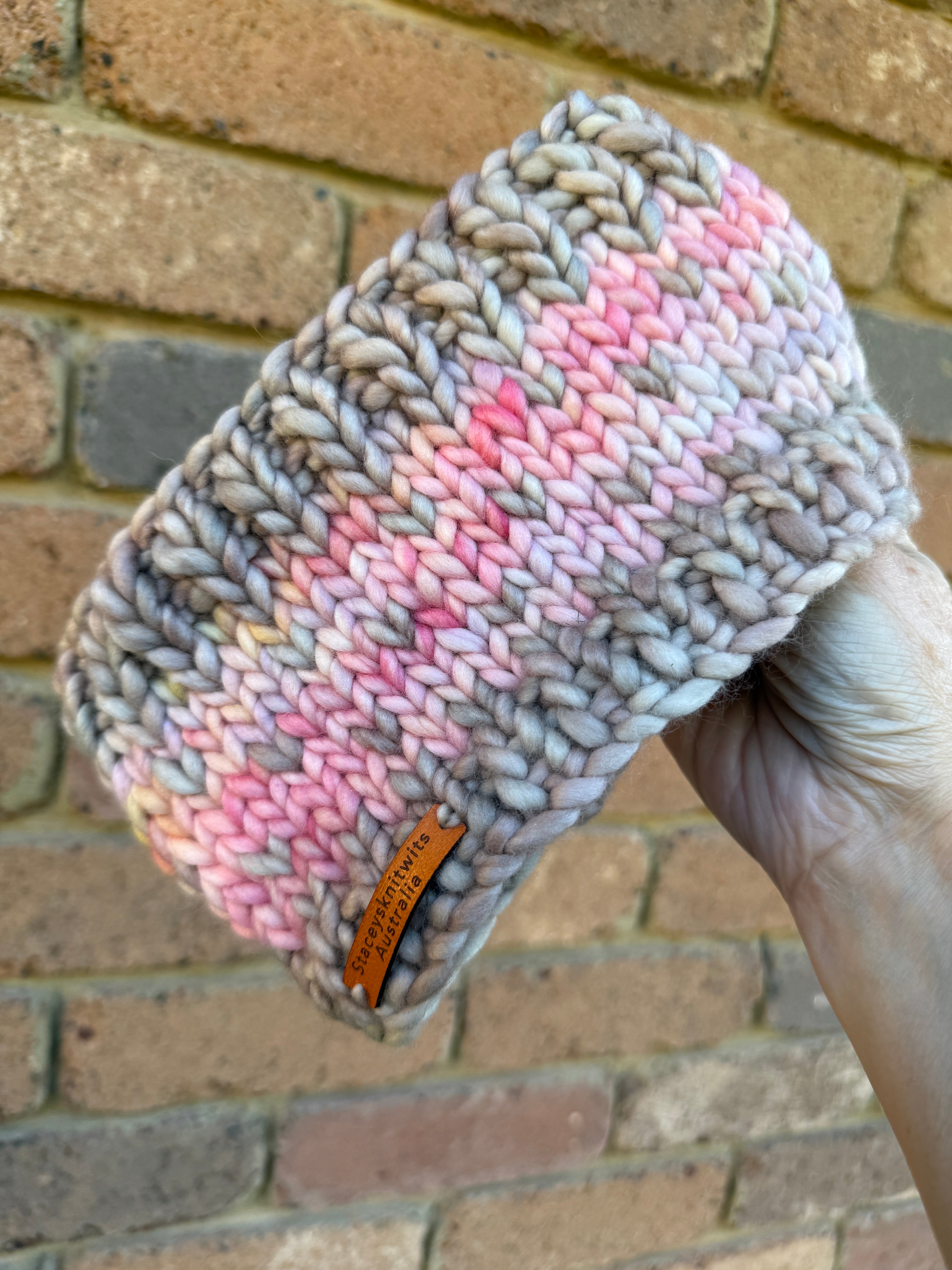 Ladies Headband, Beige and Pink Knitted Earwarmers, Merino Chunky Headband
