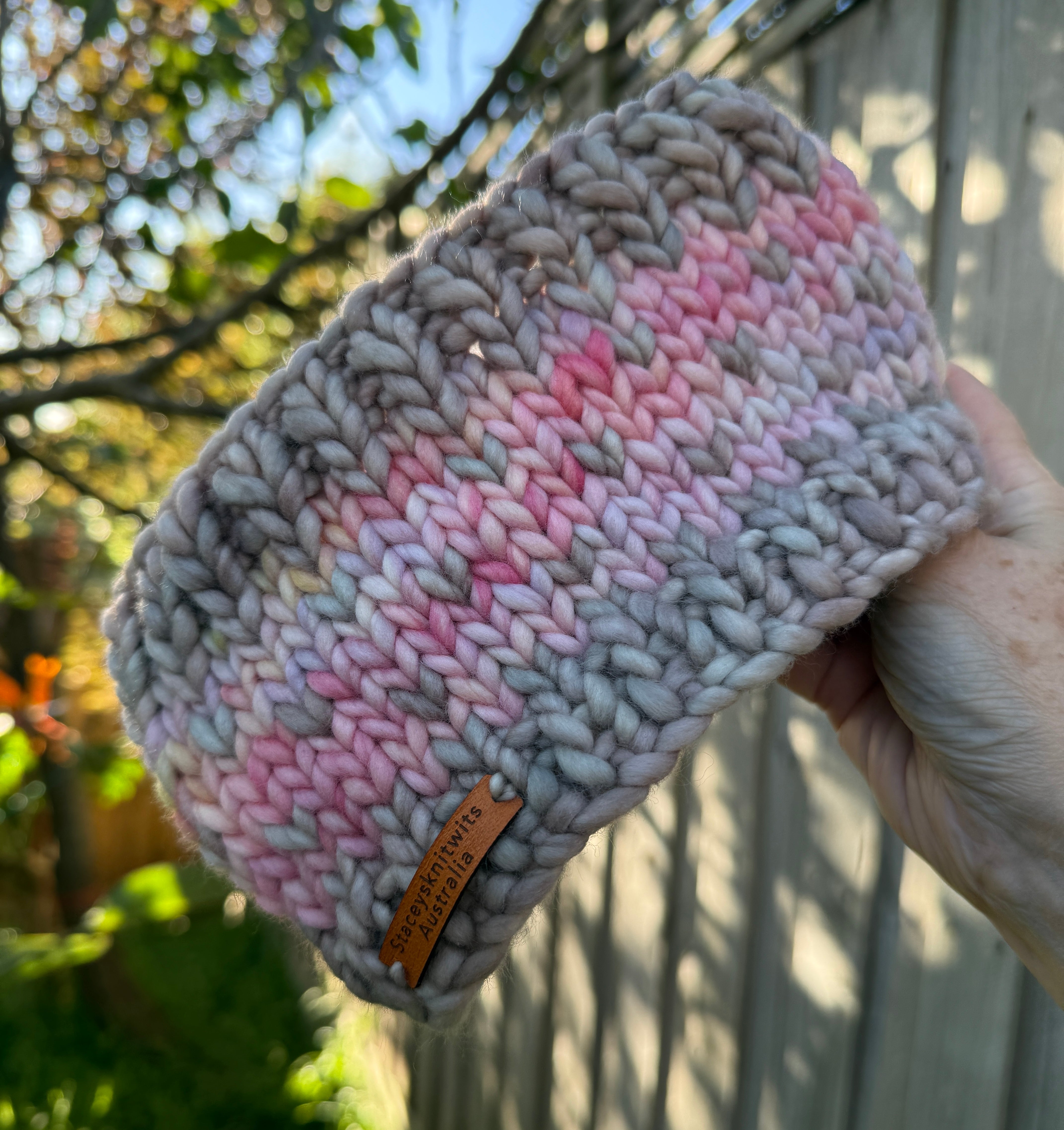 Ladies Headband, Beige and Pink Knitted Earwarmers, Merino Chunky Headband