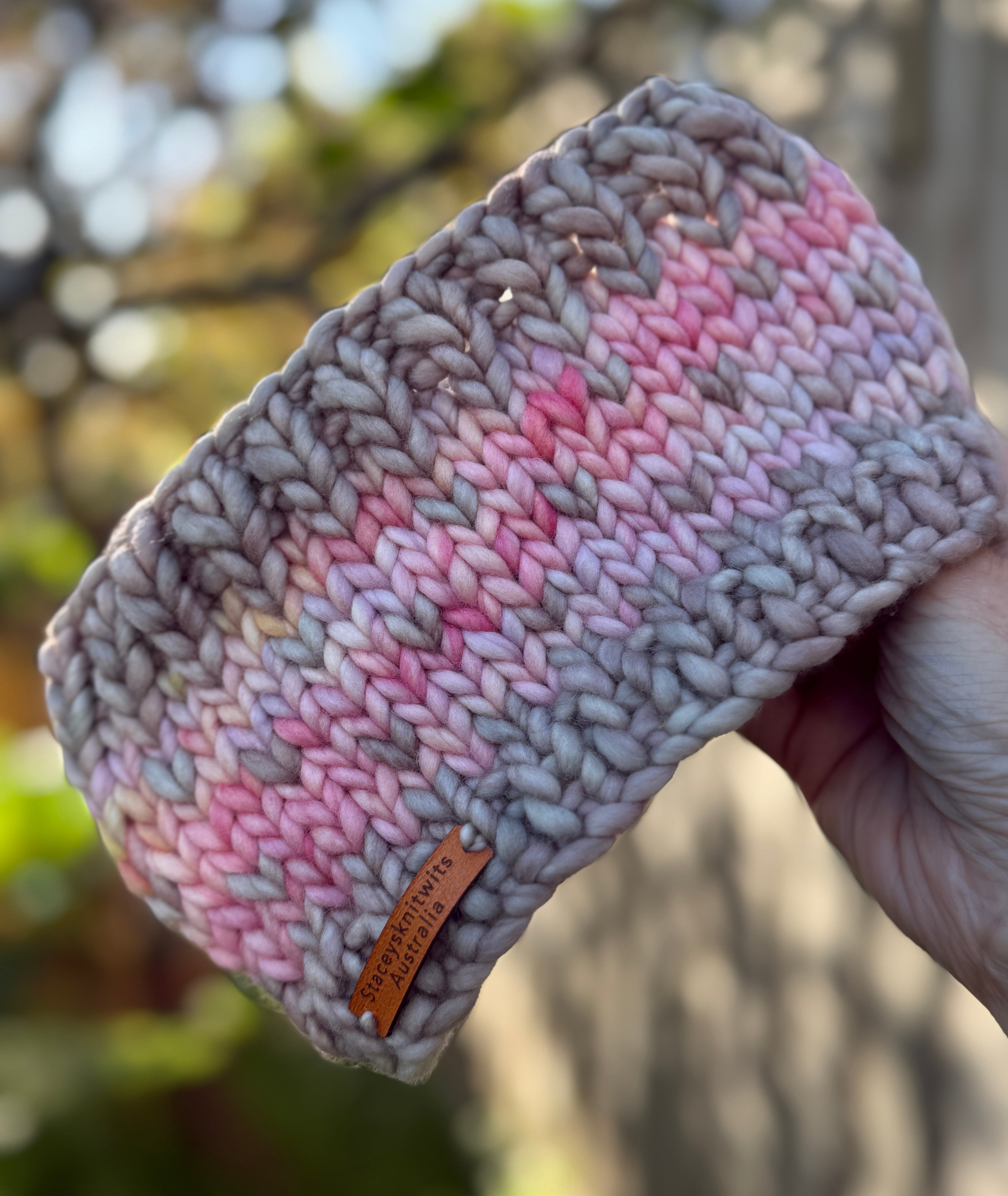 Ladies Headband, Beige and Pink Knitted Earwarmers, Merino Chunky Headband