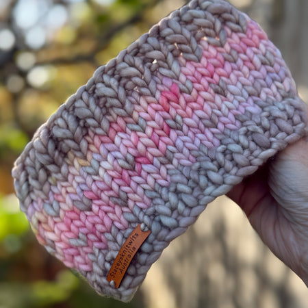 Ladies Headband, Beige and Pink Knitted Earwarmers, Merino Chunky Headband