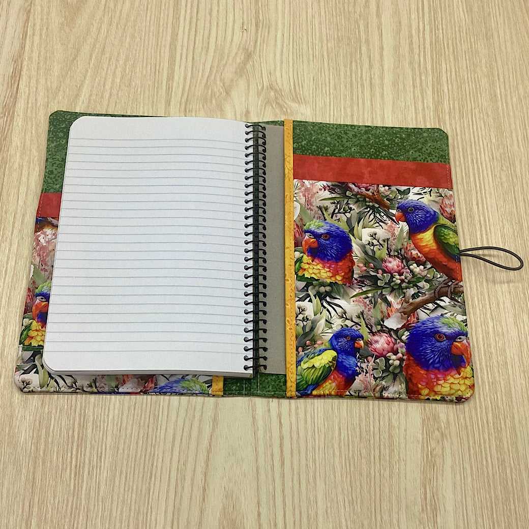 Australian birds parrots refillable A5 fabric notebook cover gift set - Incl. book and pen.