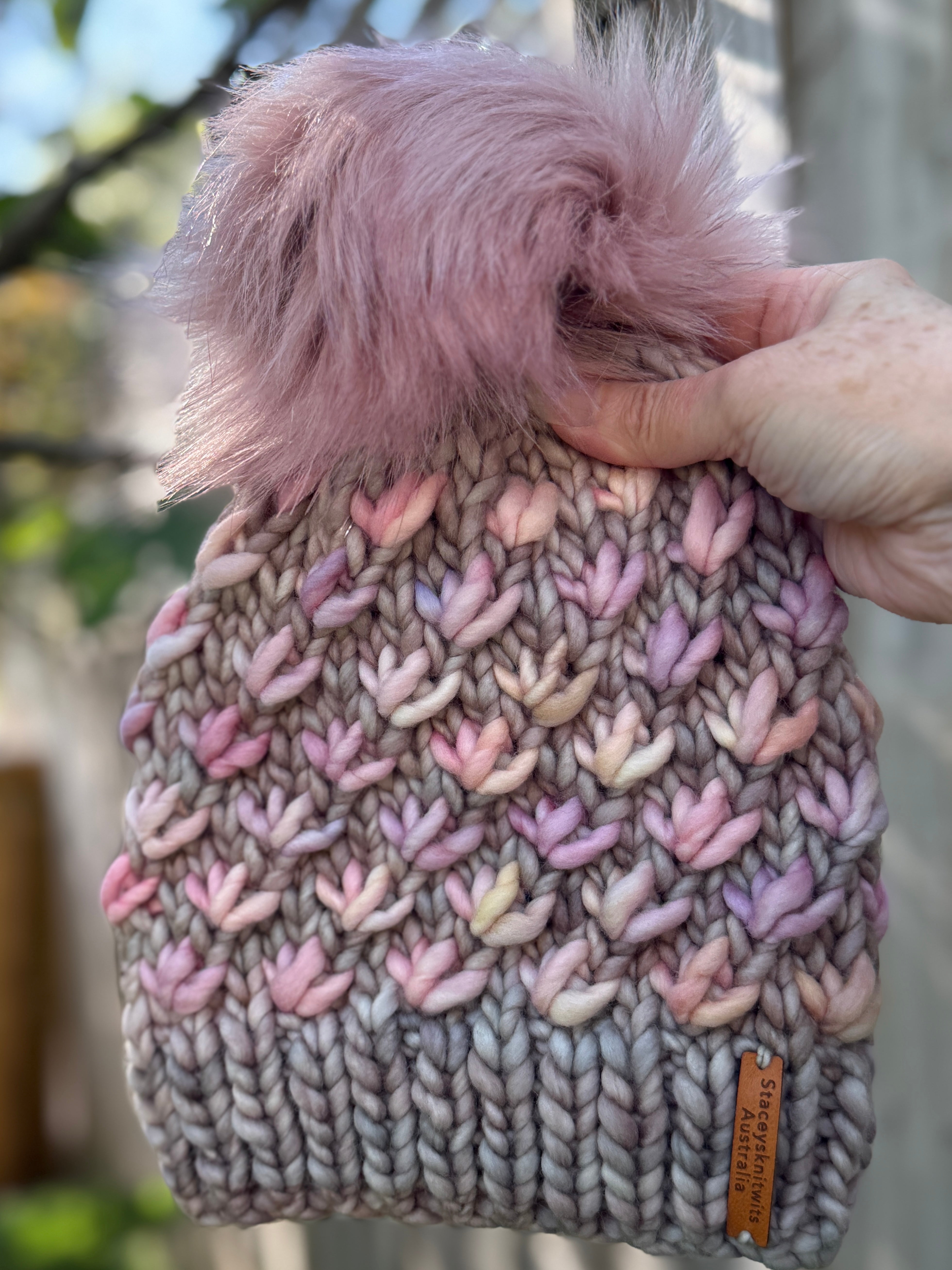 Knitted Merino Beanie, Beige with Pink Lotus Flower removable pompom