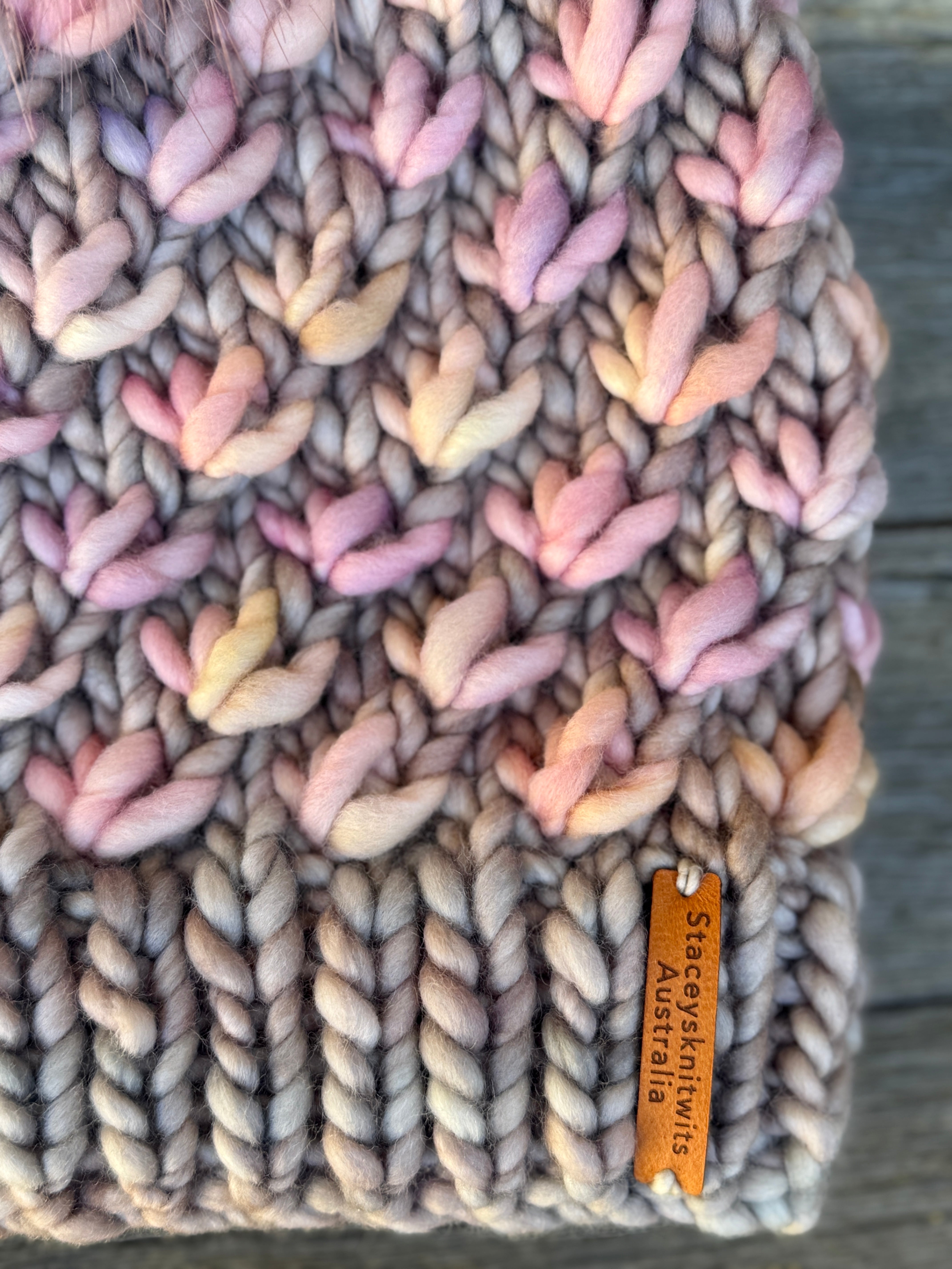 Knitted Merino Beanie, Beige with Pink Lotus Flower removable pompom