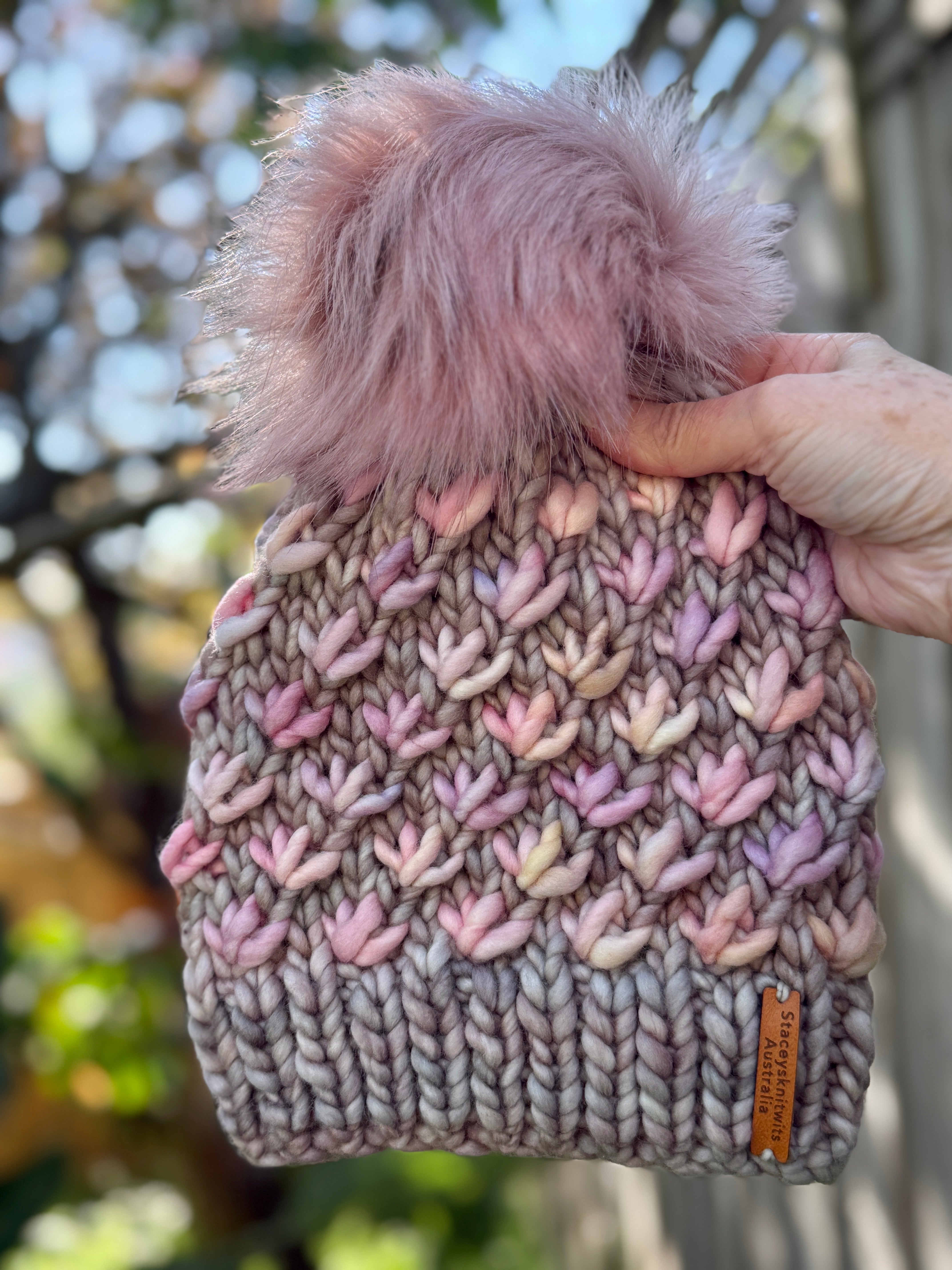 Knitted Merino Beanie, Beige with Pink Lotus Flower removable pompom