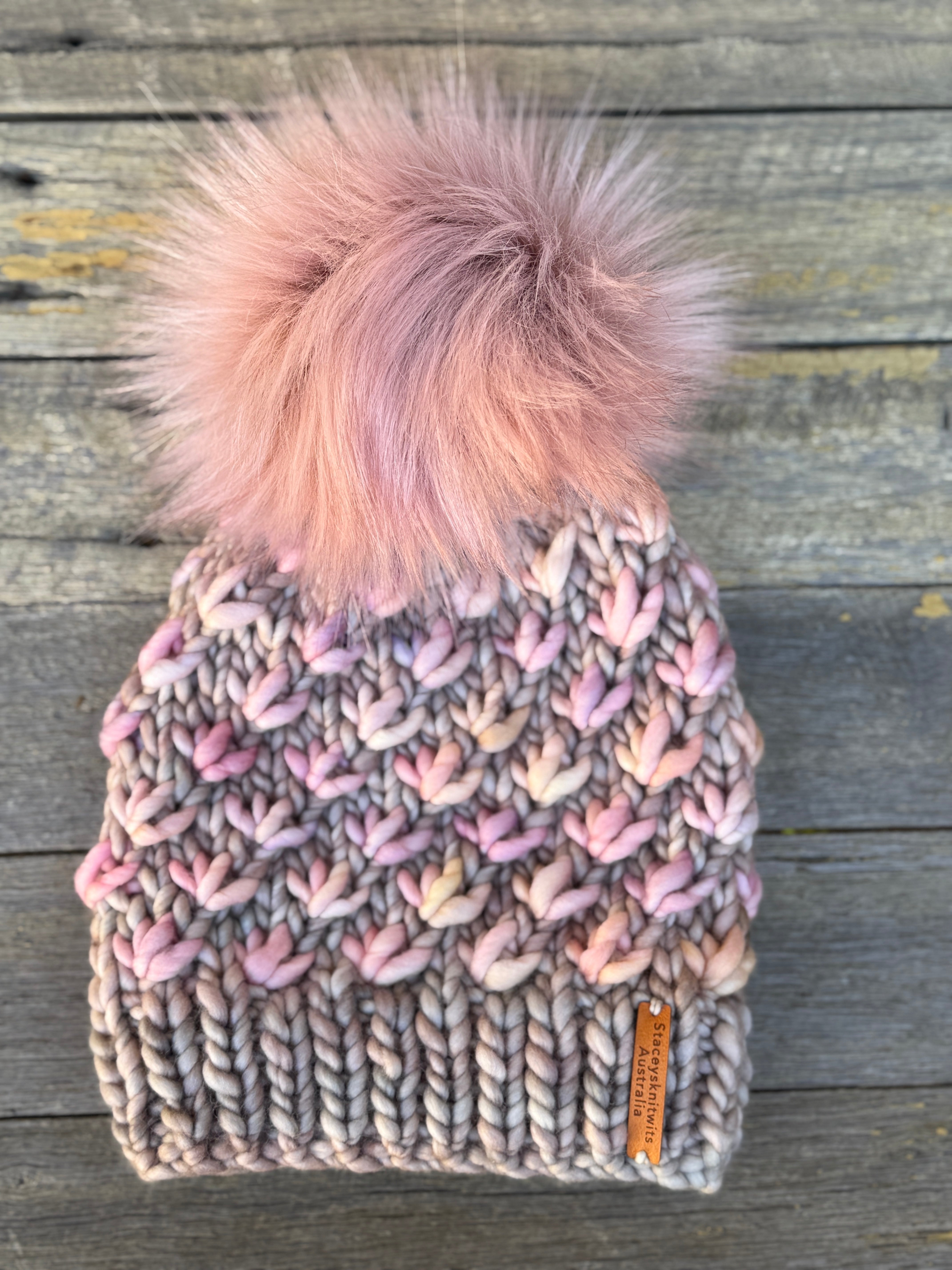 Knitted Merino Beanie, Beige with Pink Lotus Flower removable pompom