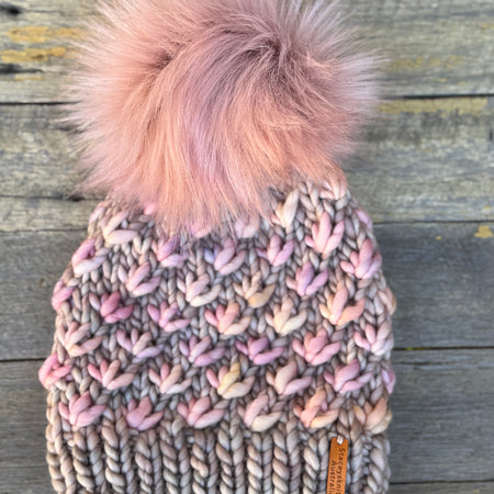 Knitted Merino Beanie, Beige with Pink Lotus Flower removable pompom