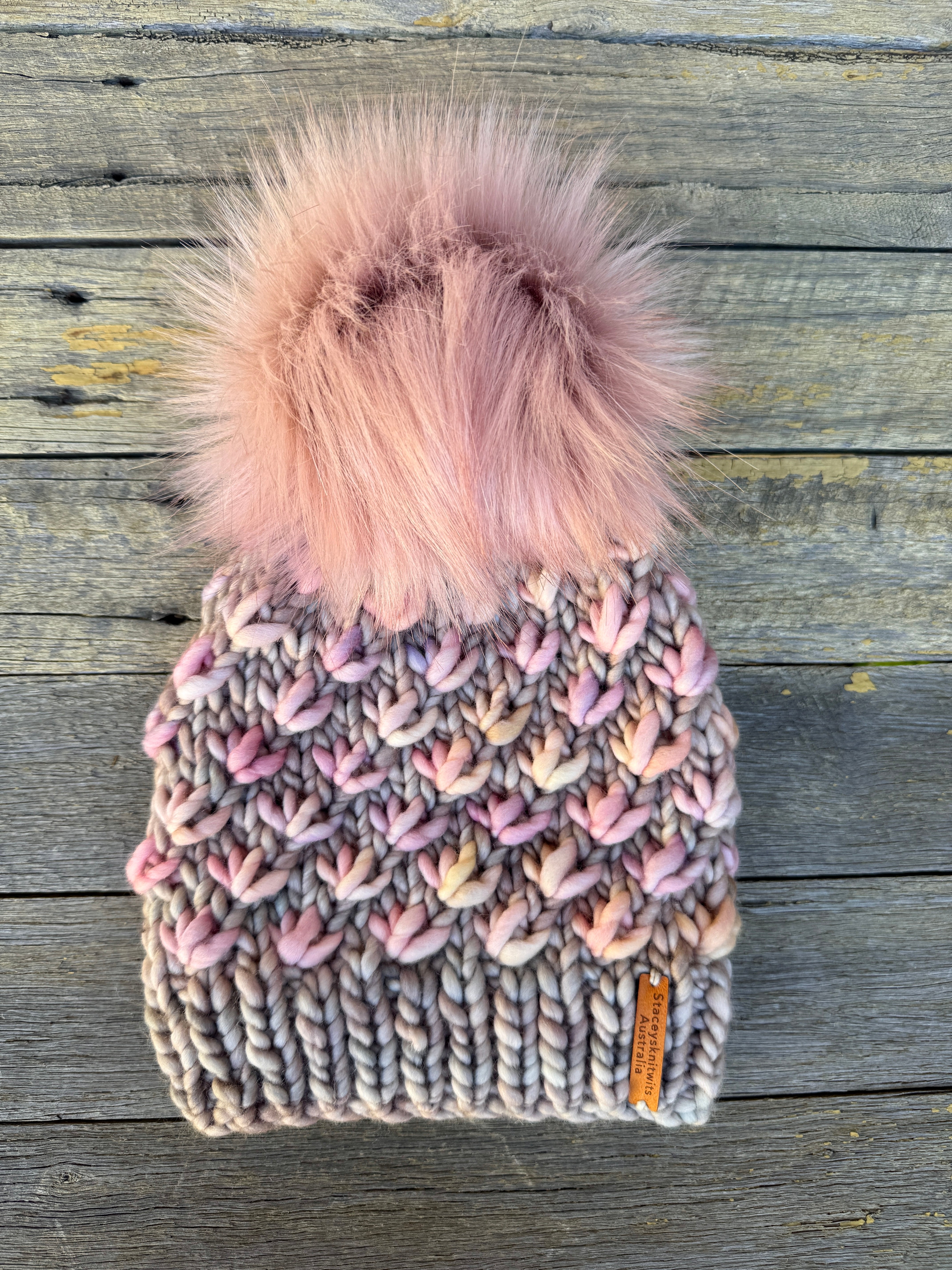 Knitted Merino Beanie, Beige with Pink Lotus Flower removable pompom