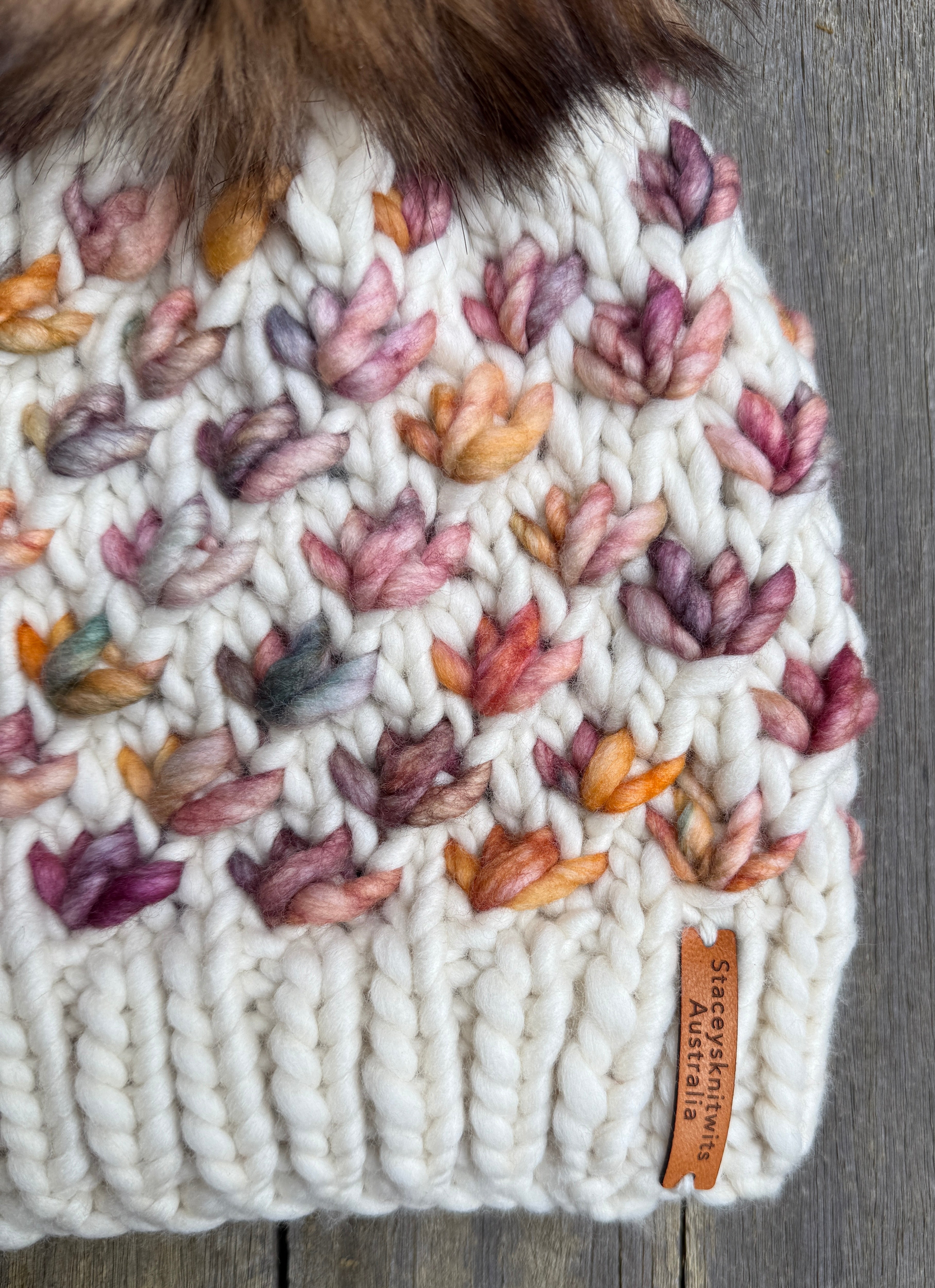 Hand knitted luxurious merino beanie, ladies cream beanie with pompom