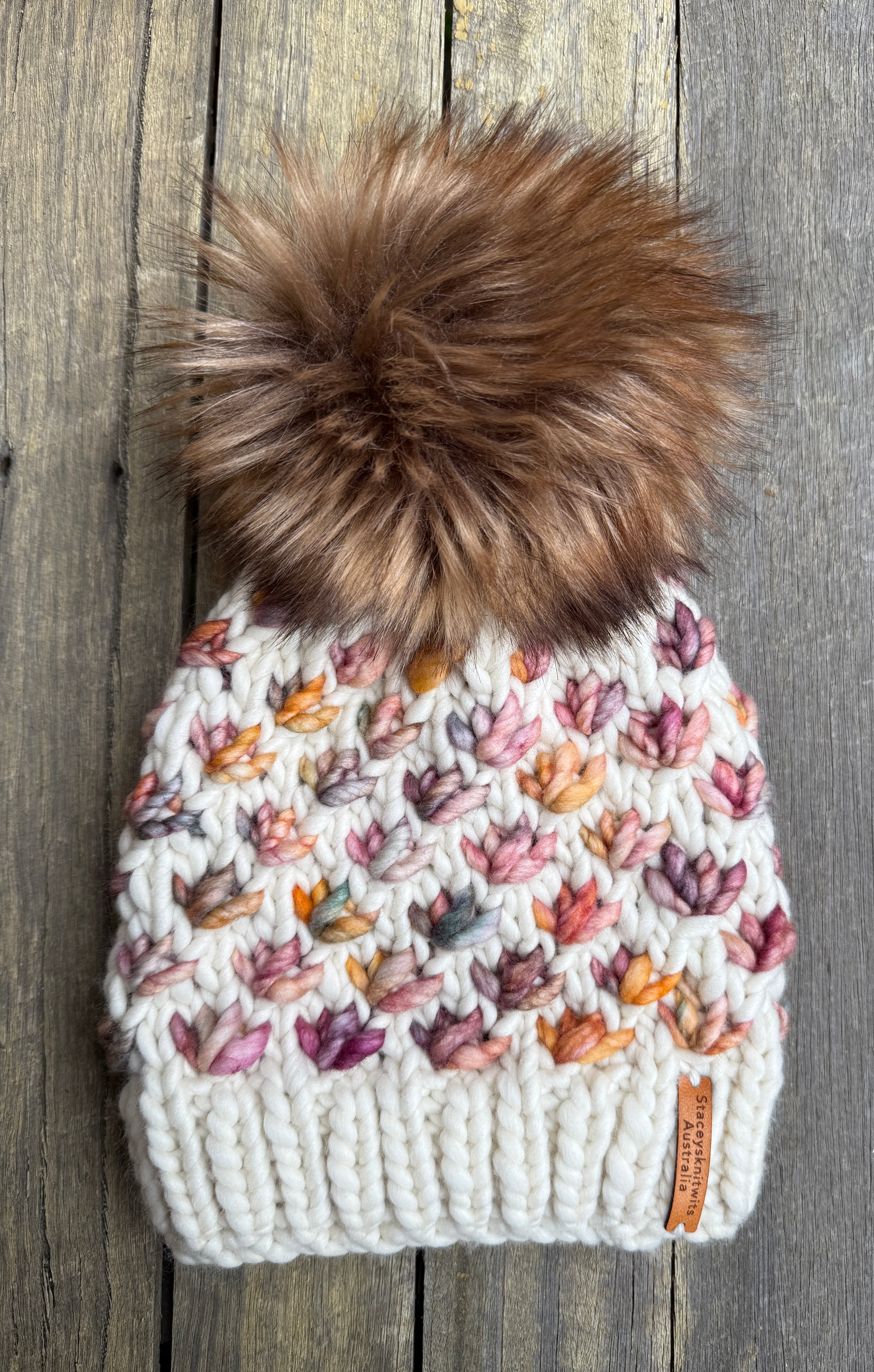 Hand knitted luxurious merino beanie, ladies cream beanie with pompom