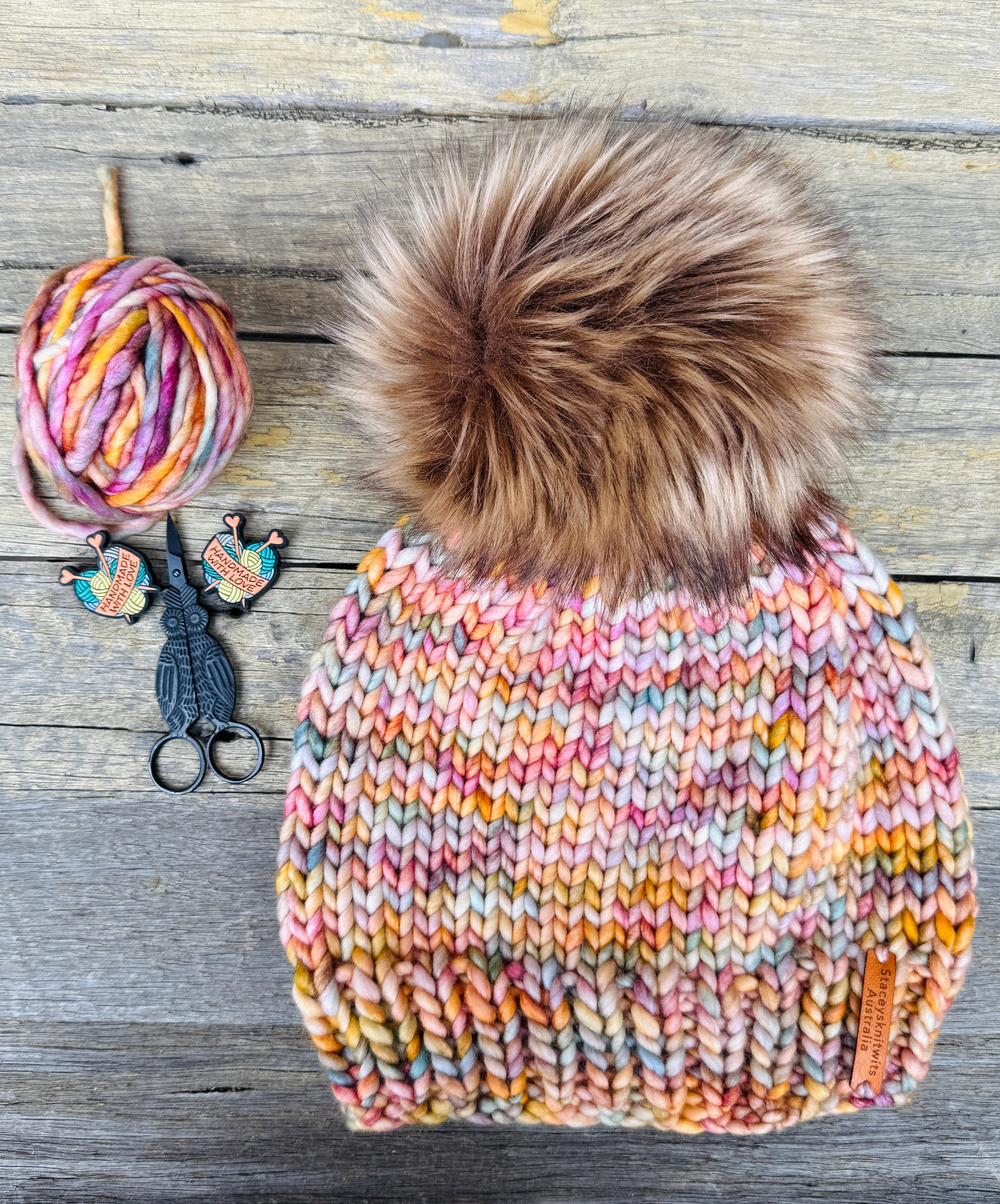 Knitted Beanie, Ladies Merino Beanie with pompom