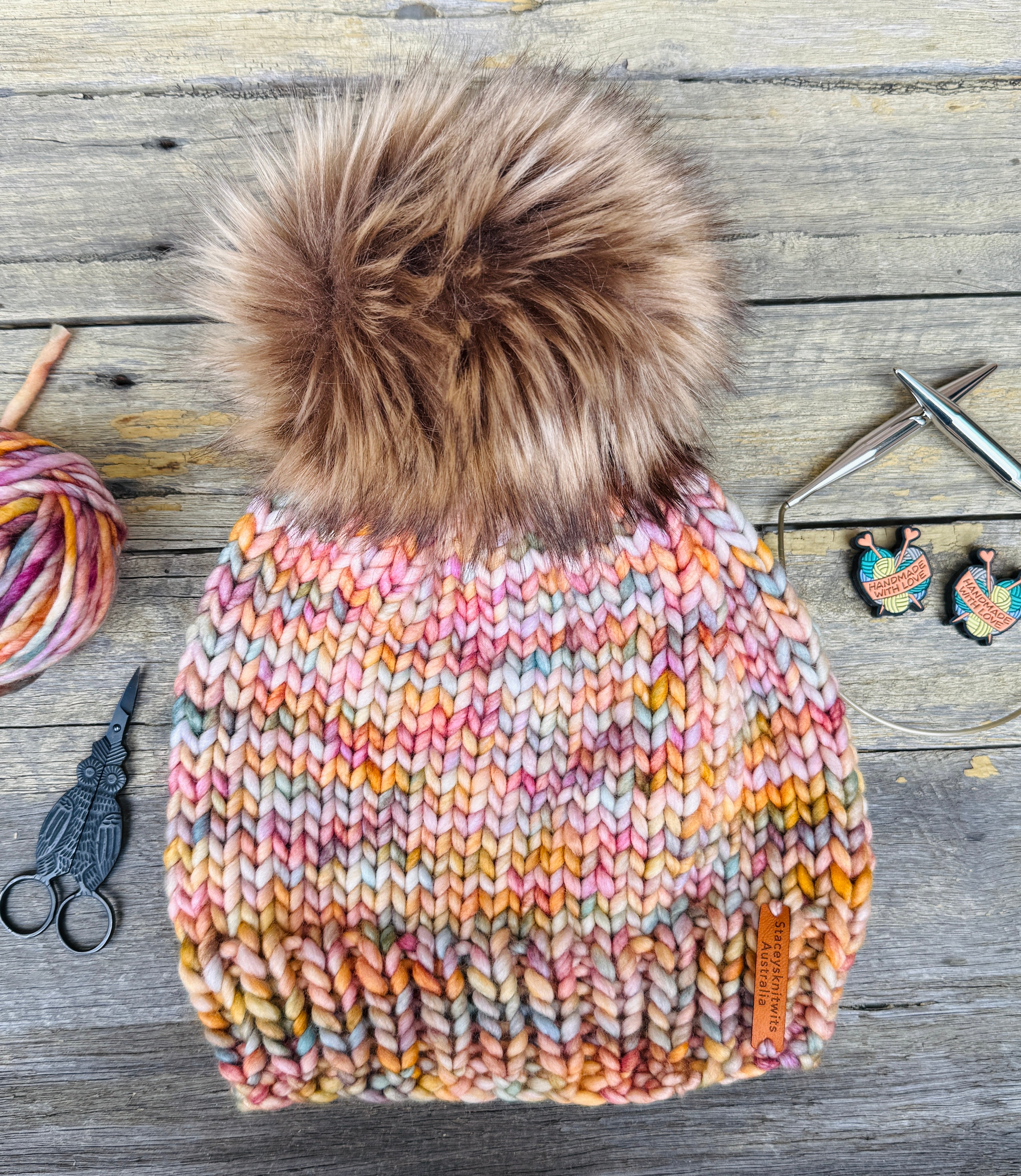 Knitted Beanie, Ladies Merino Beanie with pompom