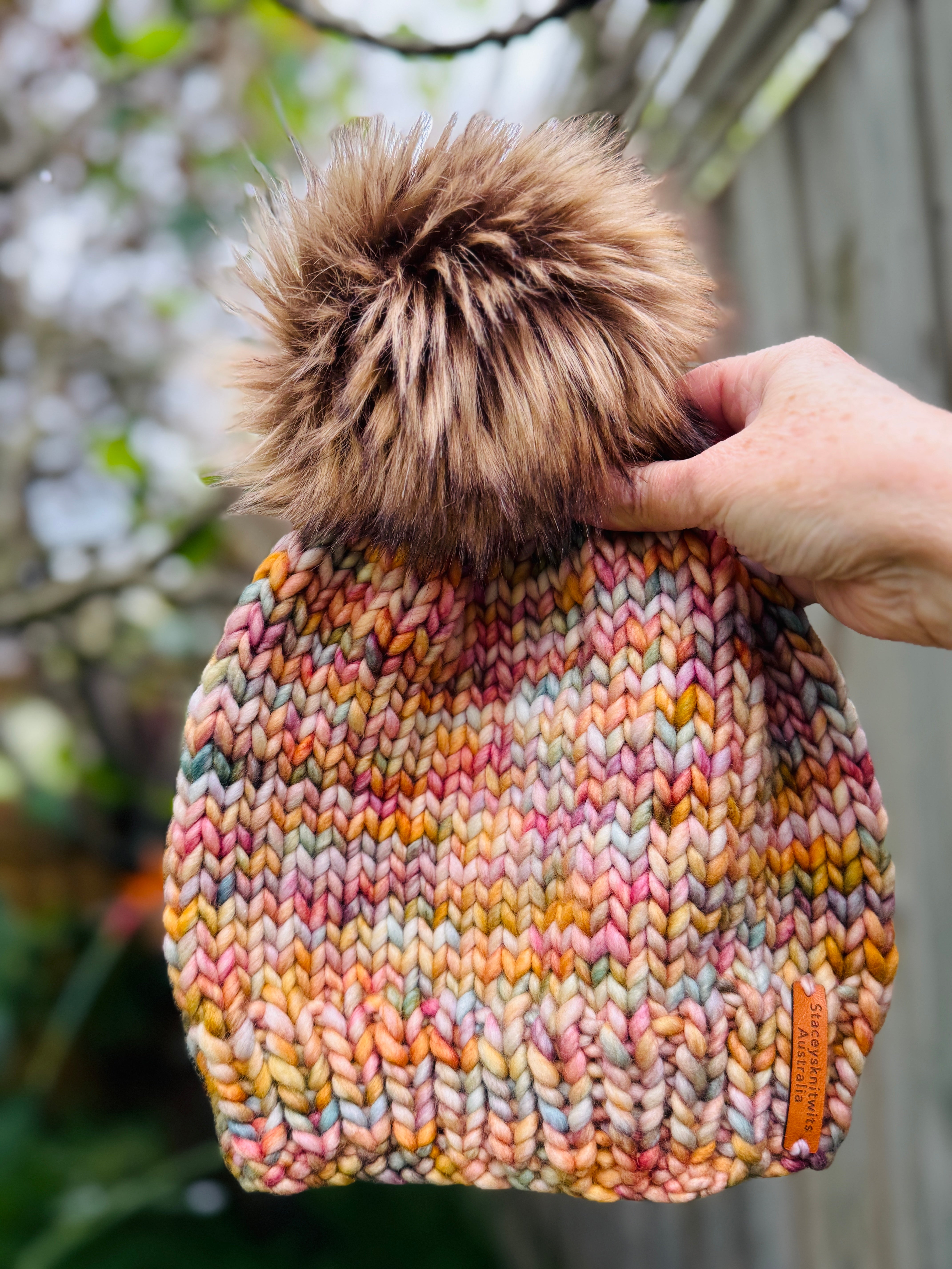 Knitted Beanie, Ladies Merino Beanie with pompom