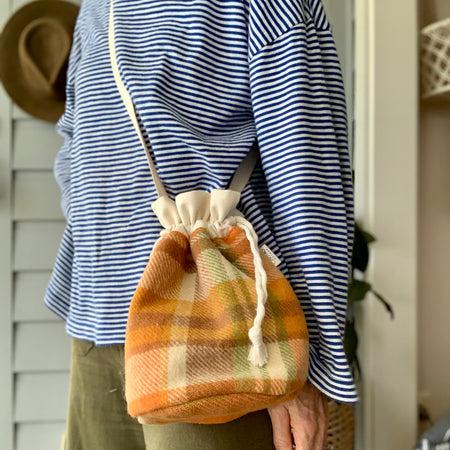 Wool check blanket Drawstring/cinch pouch bag