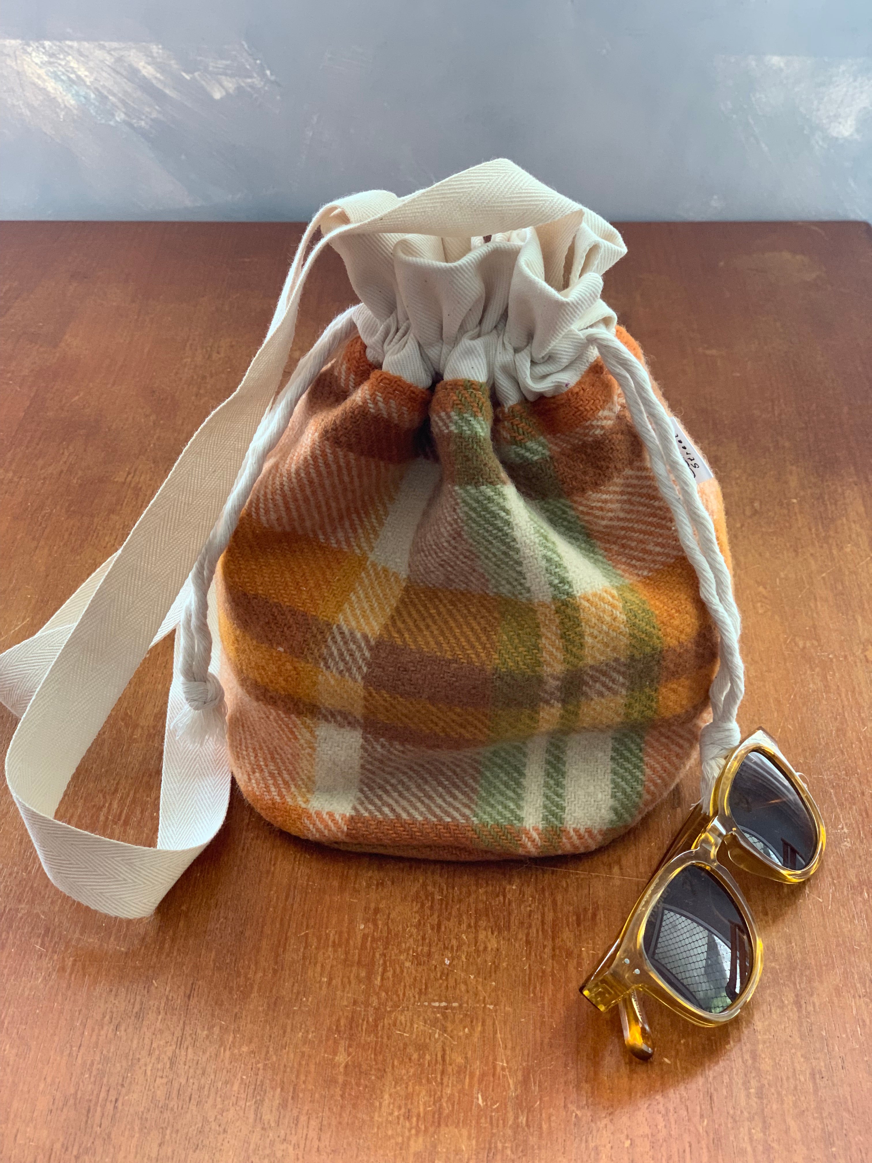 Wool check blanket Drawstring/cinch pouch bag