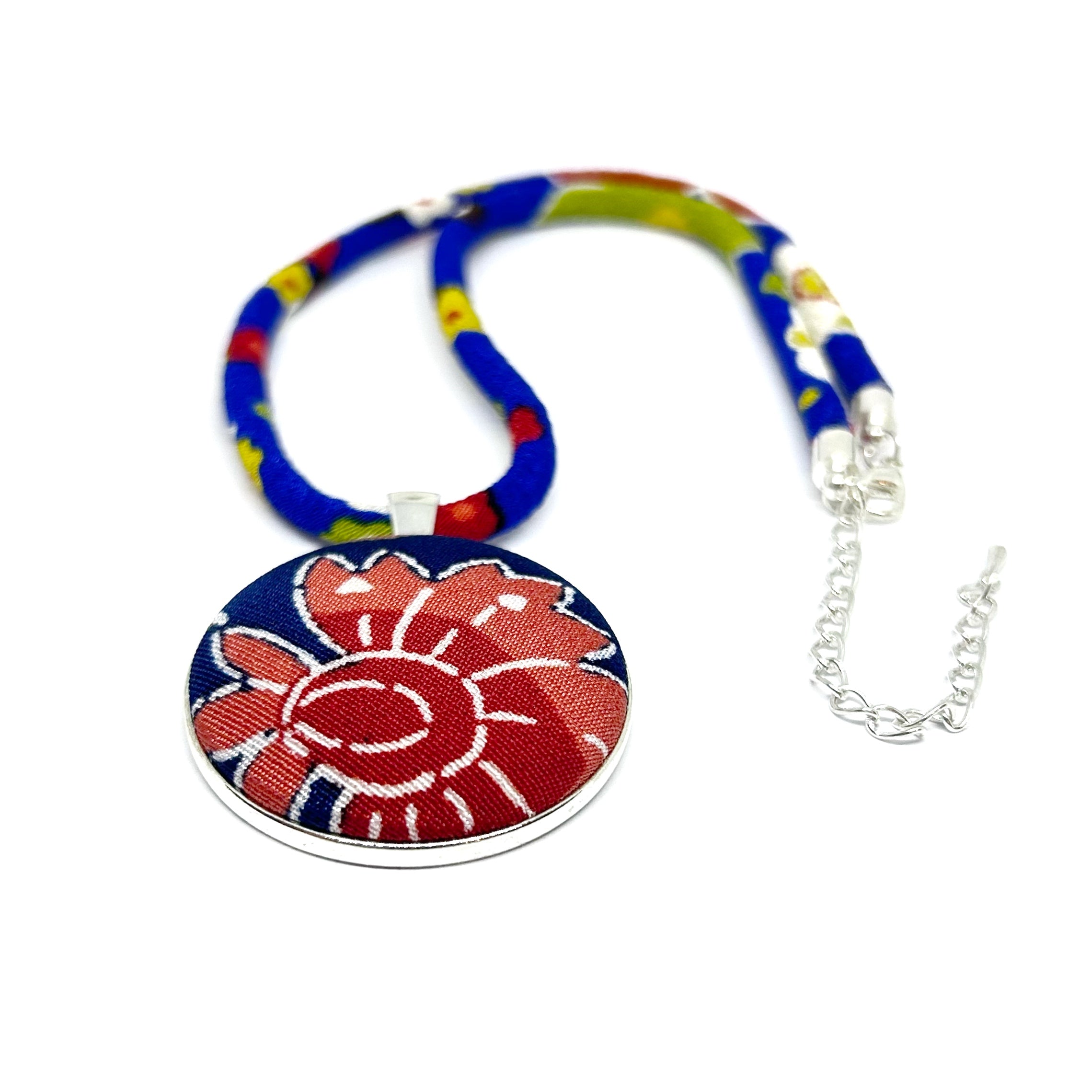 Kimono Pendant Necklace - Red and Blue Floral