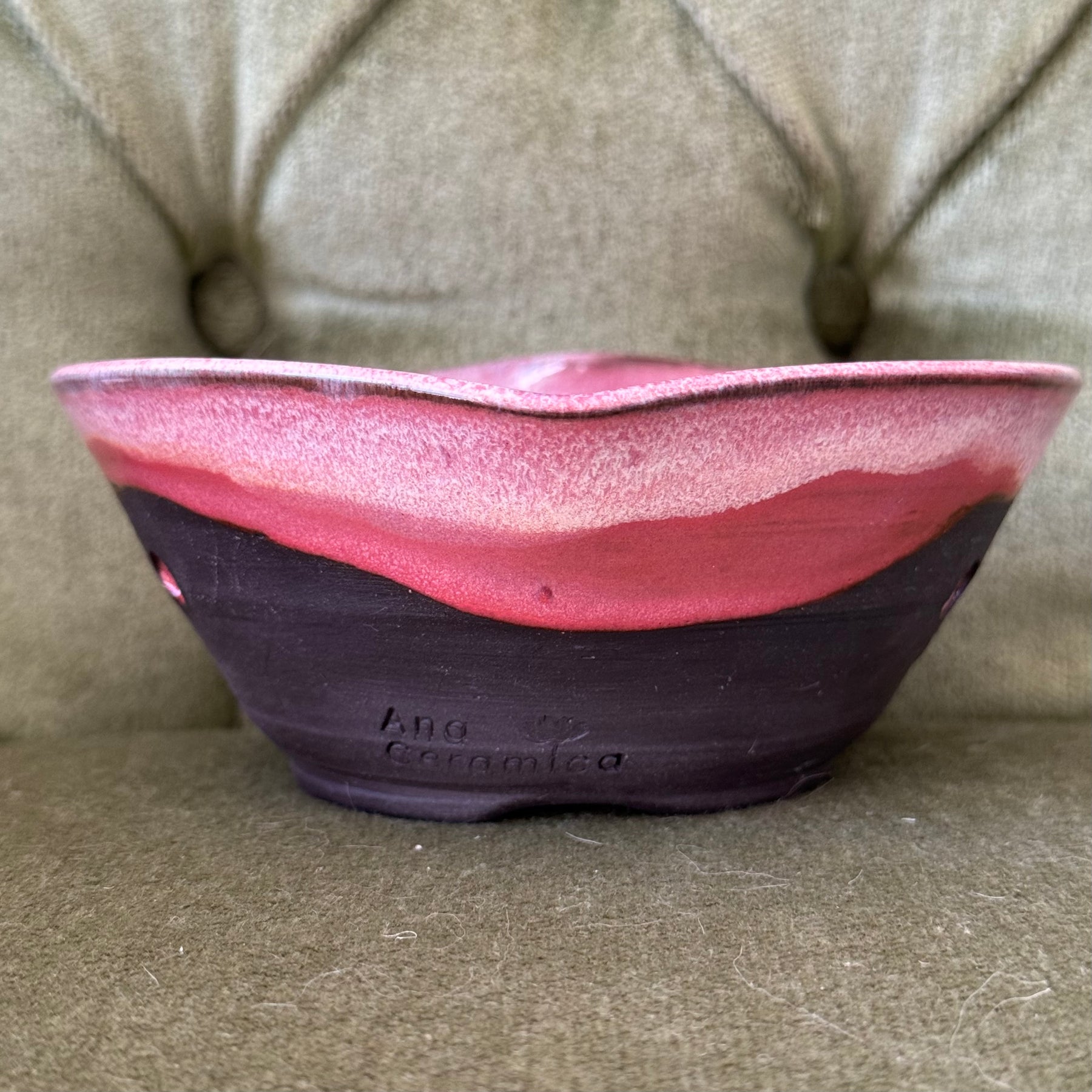Handmade Berry Bowls | Pink and Lemon with Saucer | Black Clay Heart Rim | Blue Violet | Pink Heart Second