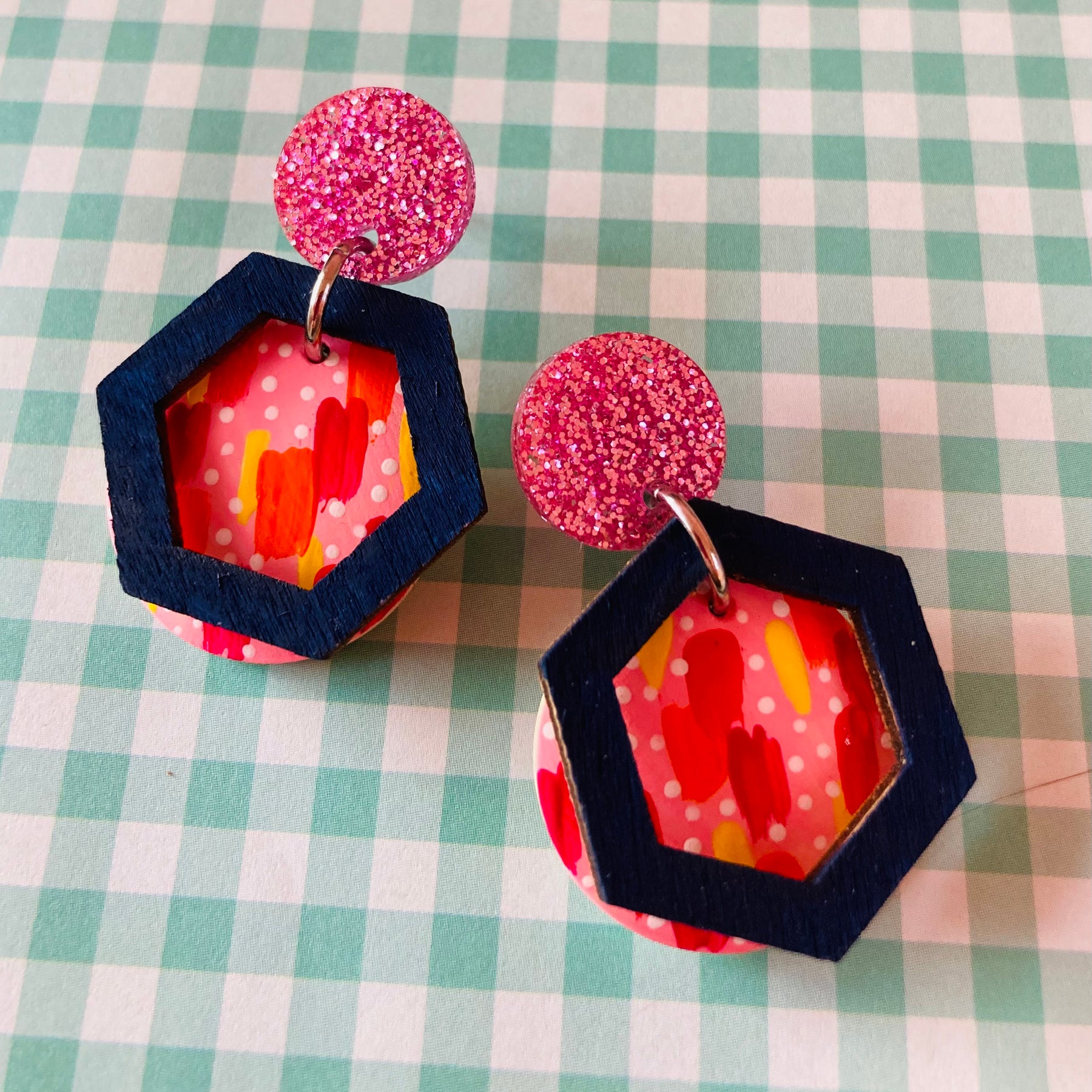 Handpainted earrings with hexagon accent
