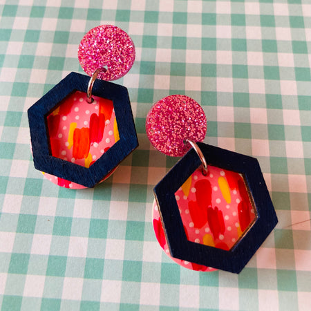 Handpainted earrings with hexagon accent