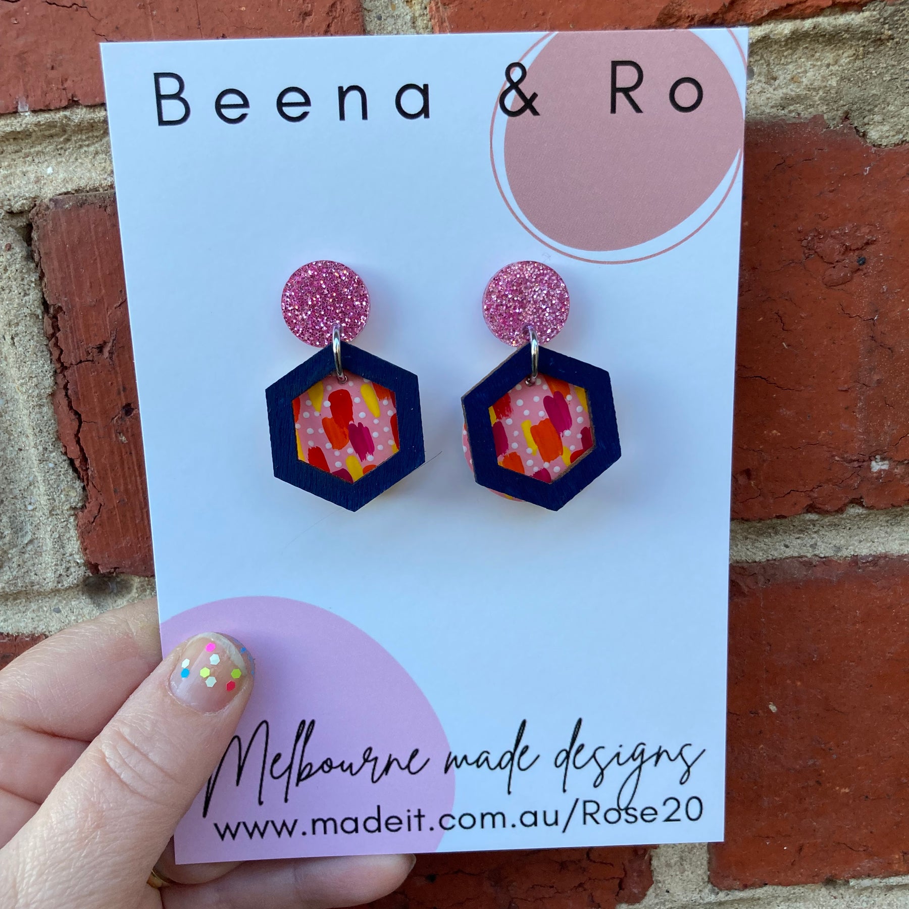 Handpainted earrings with hexagon accent